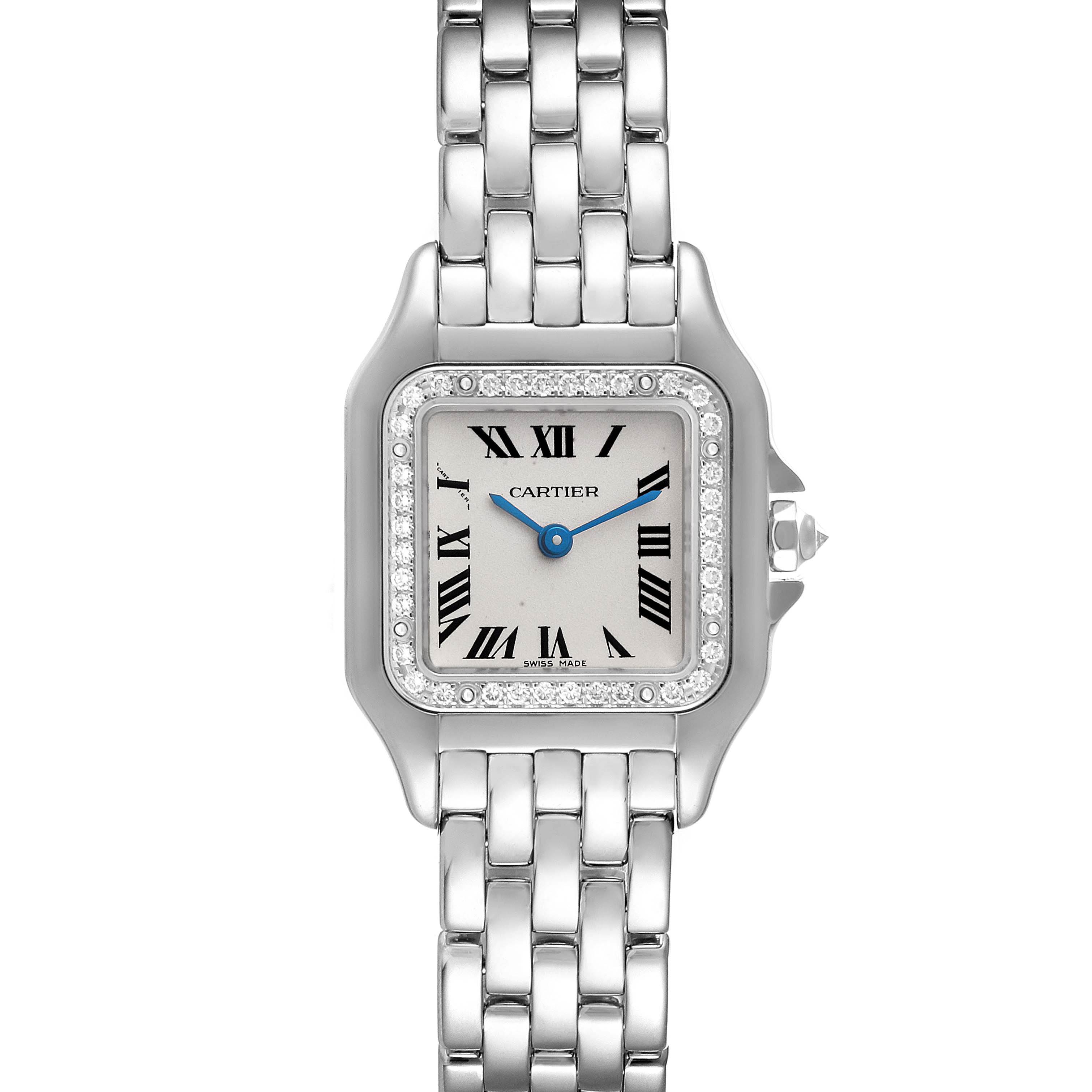 This image shows a frontal view of a Cartier Panthere WF3091F3 Women's White Gold Silver Dial WF3091F3 Women's White Gold Silver Dial model watch, featuring its dial, bezel, and stainless steel bracelet.