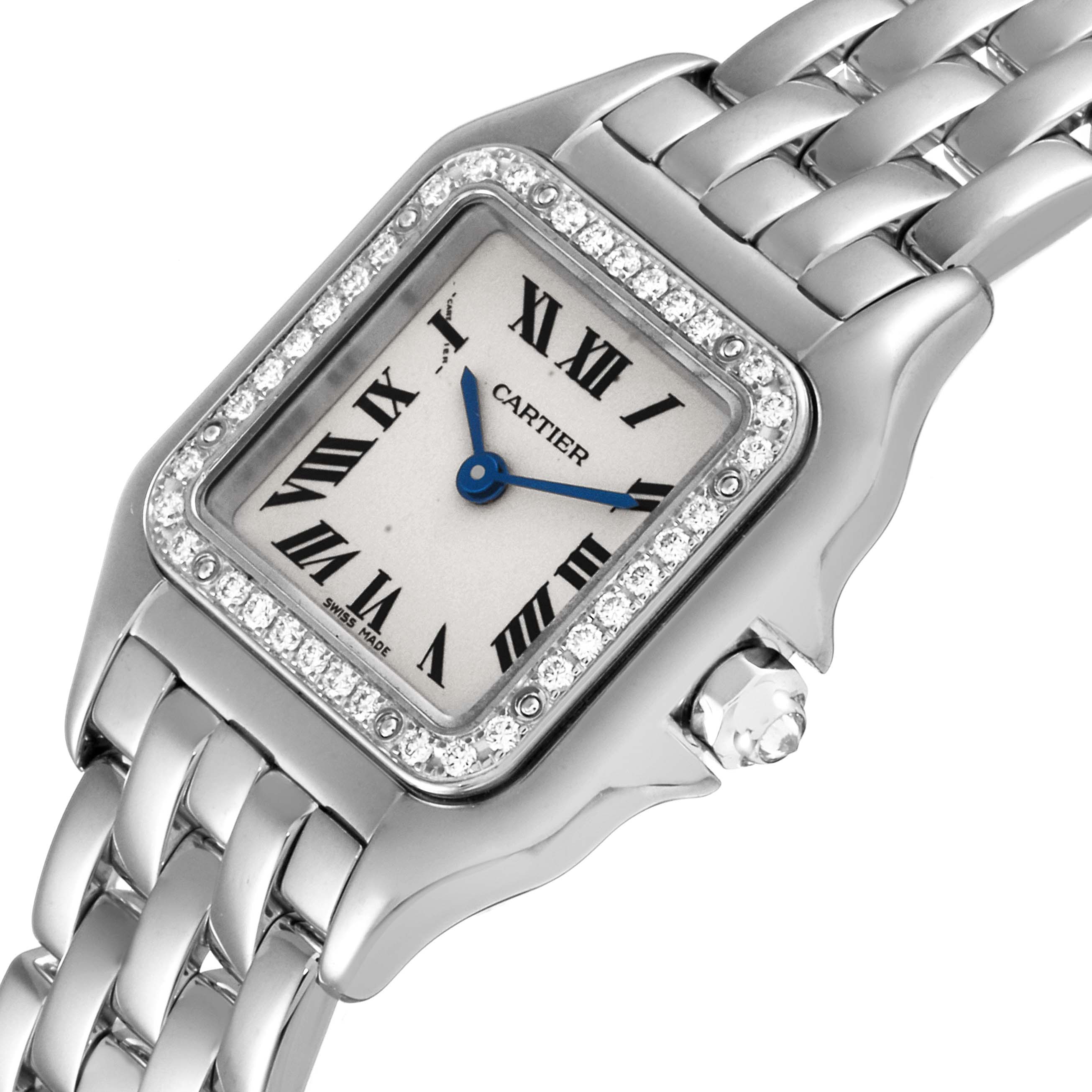 This image shows a close-up angled view of the Cartier Panthere WF3091F3 Women's White Gold Silver Dial WF3091F3 Women's White Gold Silver Dial watch, highlighting the face, diamond bezel, and part of the bracelet.