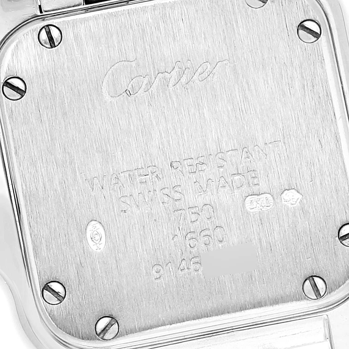 The image shows the case back of a Panthere model by Cartier, featuring engraved details and screws.