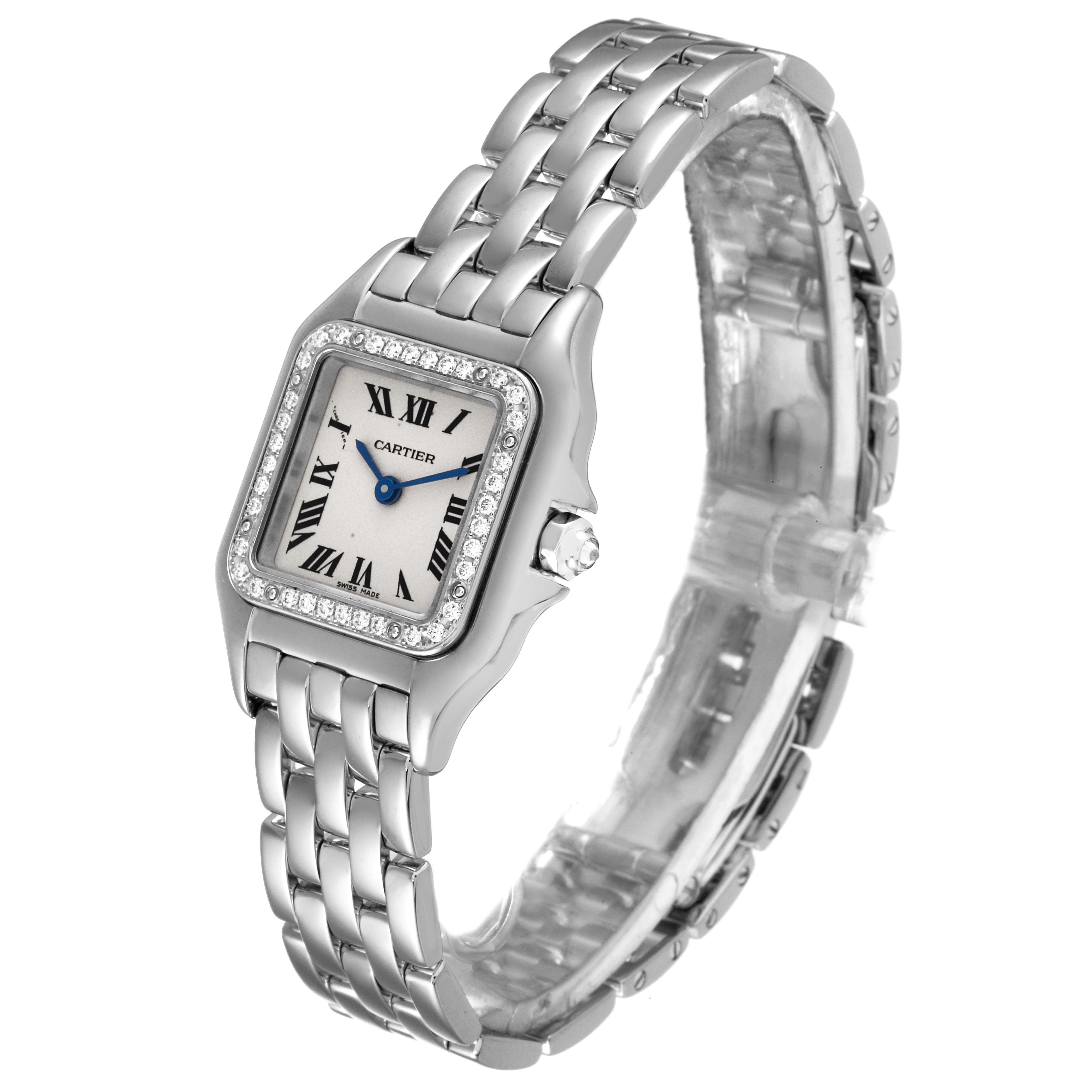 This image shows a Cartier Panthere WF3091F3 Women's White Gold Silver Dial WF3091F3 Women's White Gold Silver Dial watch at a slight angle, highlighting its face, bezel, crown, and metal link bracelet.
