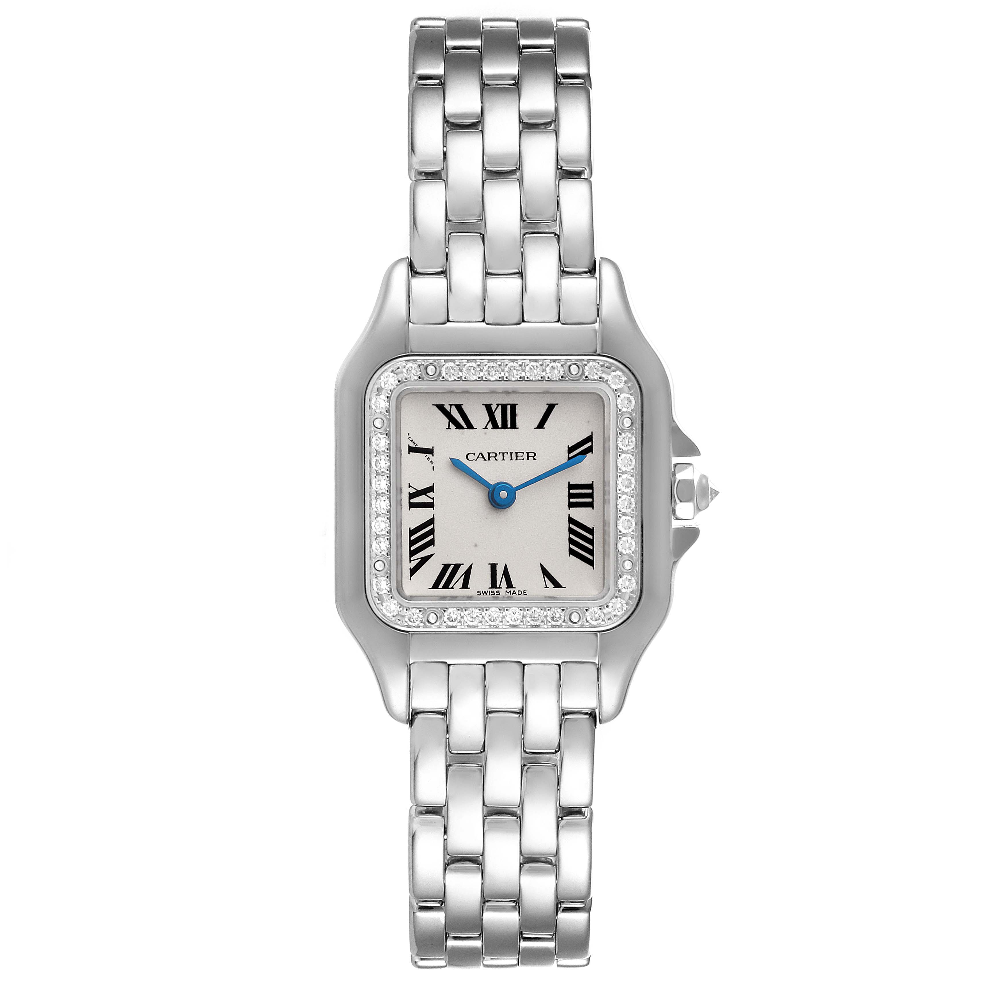 This image shows a frontal view of the Cartier Panthere WF3091F3 Women's White Gold Silver Dial WF3091F3 Women's White Gold Silver Dial watch, displaying its face, bezel, and bracelet.