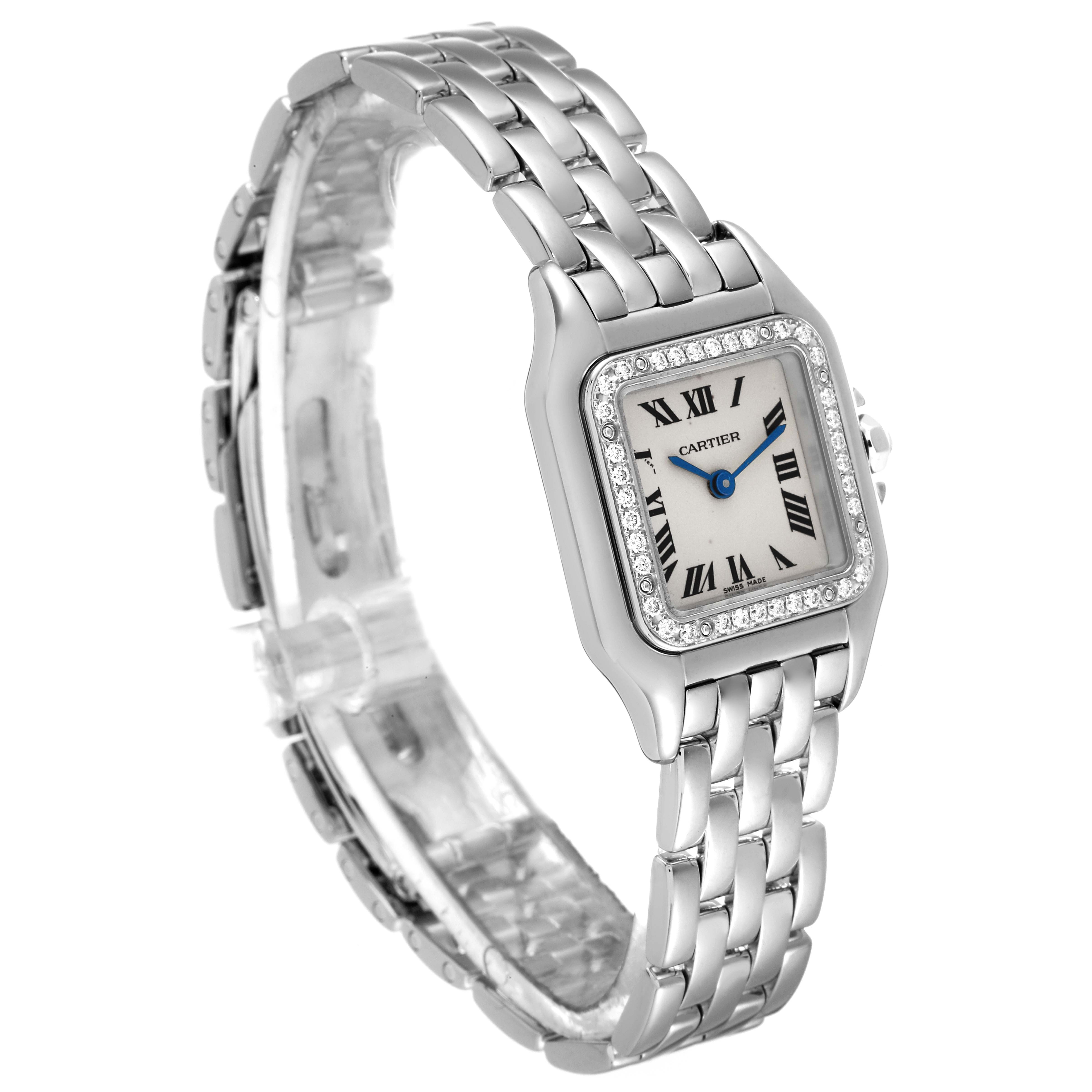 This image shows a Cartier Panthere WF3091F3 Women's White Gold Silver Dial WF3091F3 Women's White Gold Silver Dial model watch angled to display its face, bezel, and bracelet band.