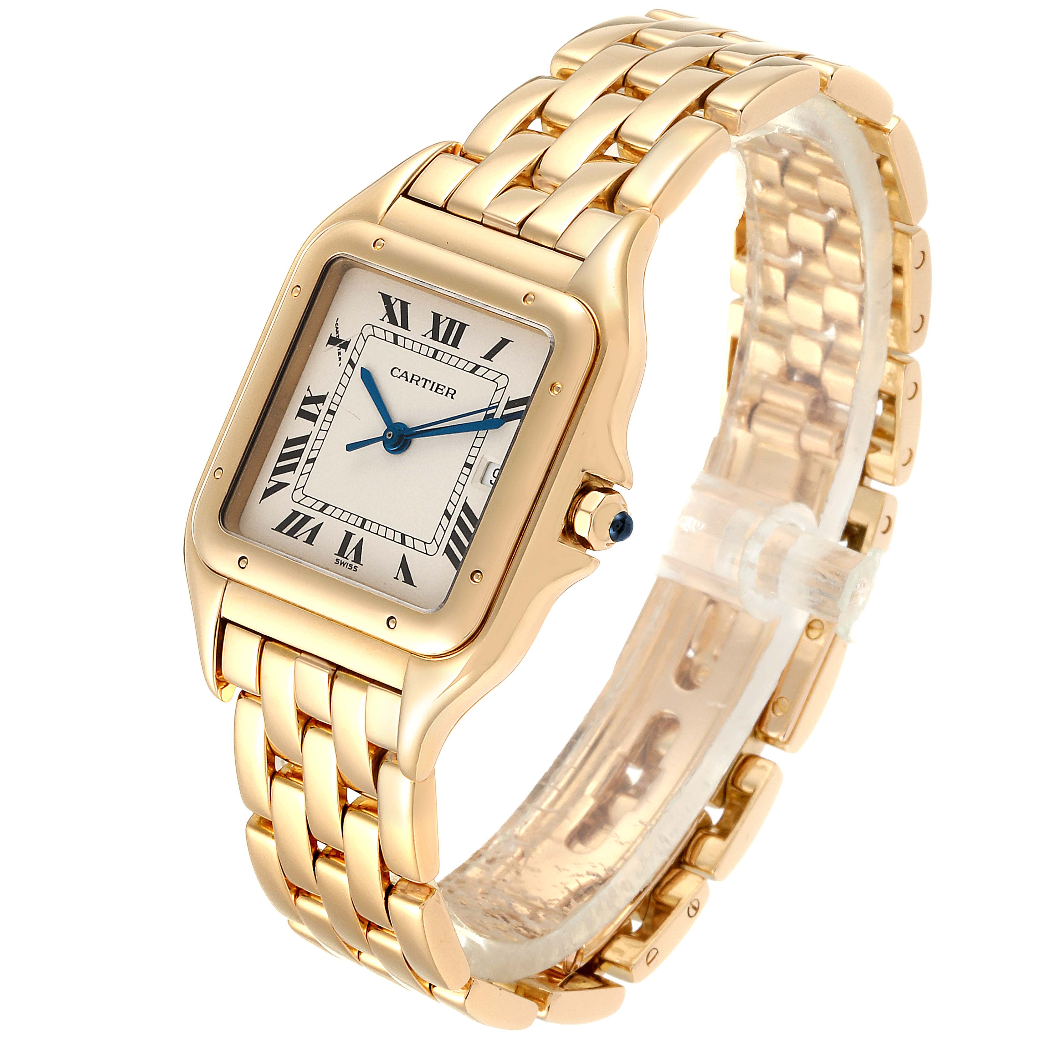 This image shows a Cartier Panthere W25014B9 Women's Yellow Gold Silver Dial W25014B9 Women's Yellow Gold Silver Dial model watch, angled to display its face, bracelet, and side profile.