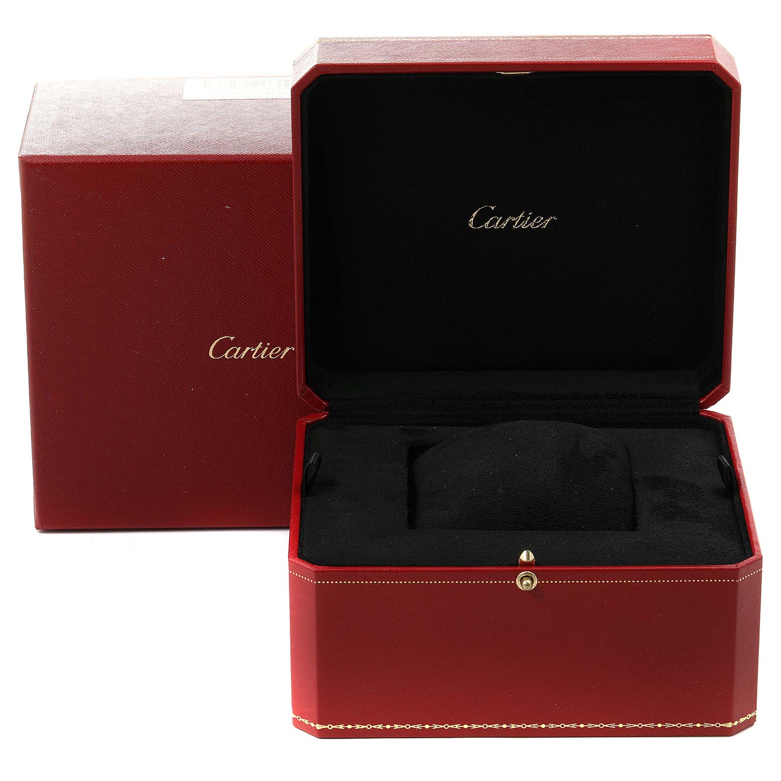 The image shows an open red Cartier watch box for the Panthere model, with another Cartier box in the background.