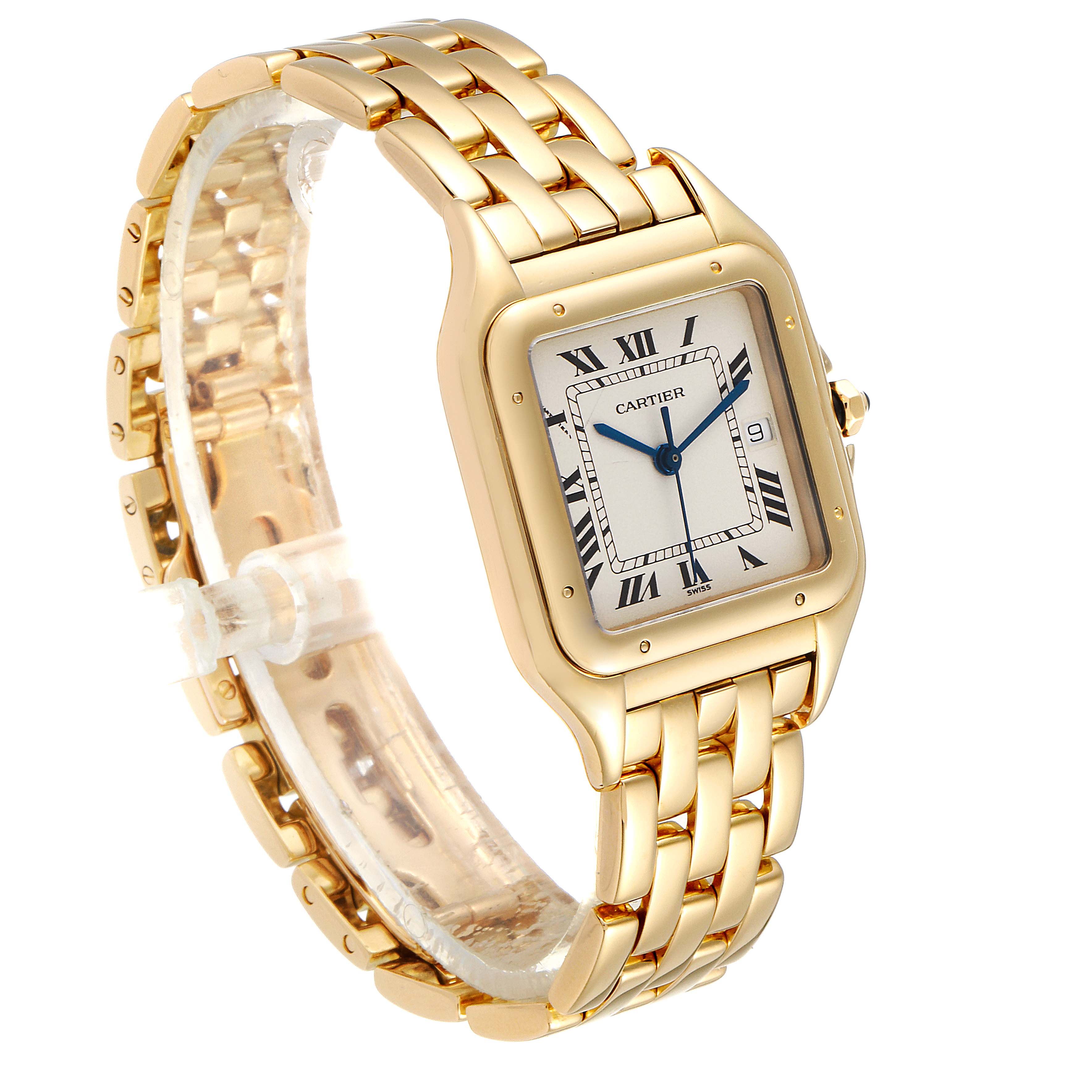 The image shows a side angle view of a Cartier Panthere W25014B9 Women's Yellow Gold Silver Dial W25014B9 Women's Yellow Gold Silver Dial model watch, highlighting its gold bracelet and rectangular dial.