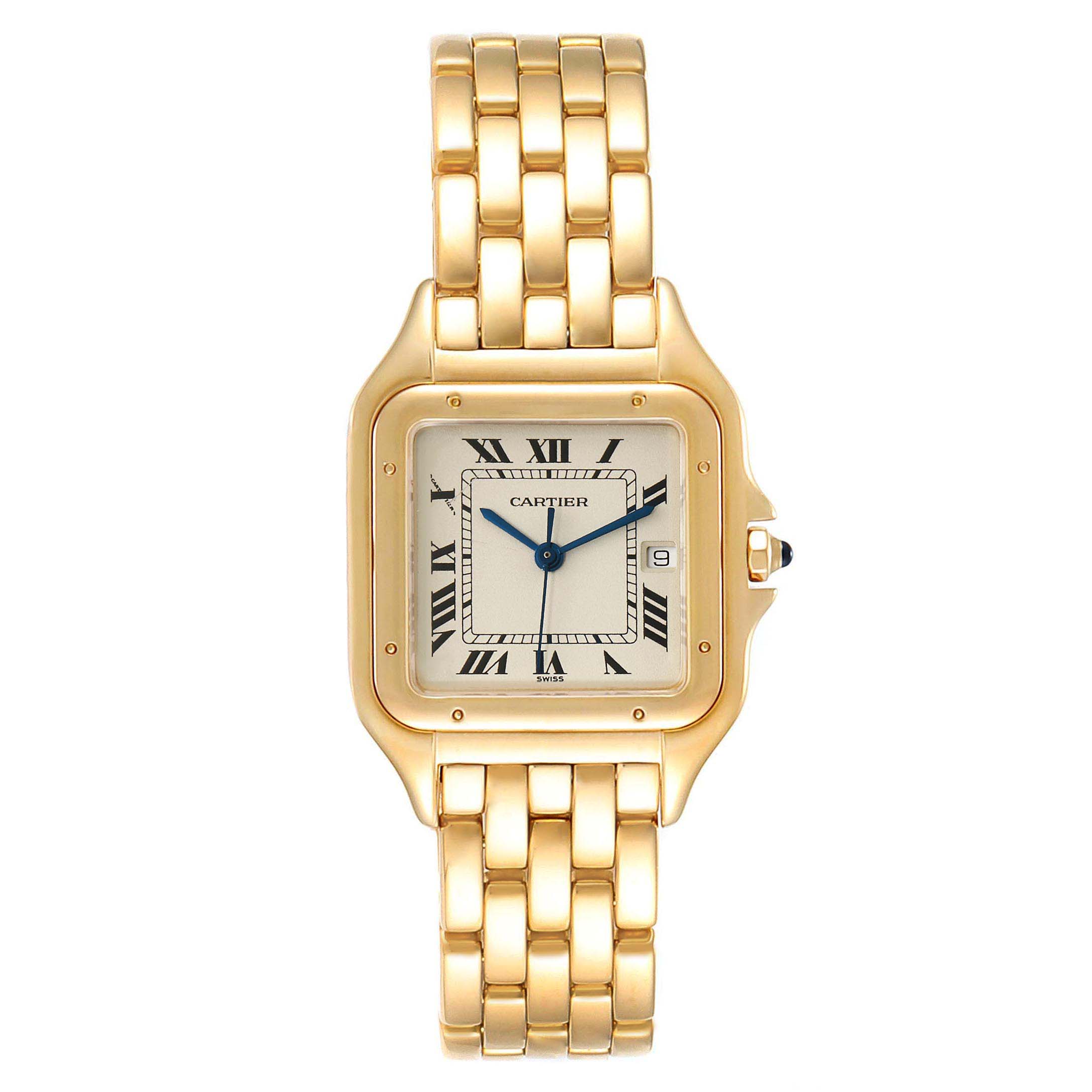 The image shows a front view of a Cartier Panthere W25014B9 Women's Yellow Gold Silver Dial W25014B9 Women's Yellow Gold Silver Dial watch, highlighting its gold bracelet, square case, and Roman numeral dial.