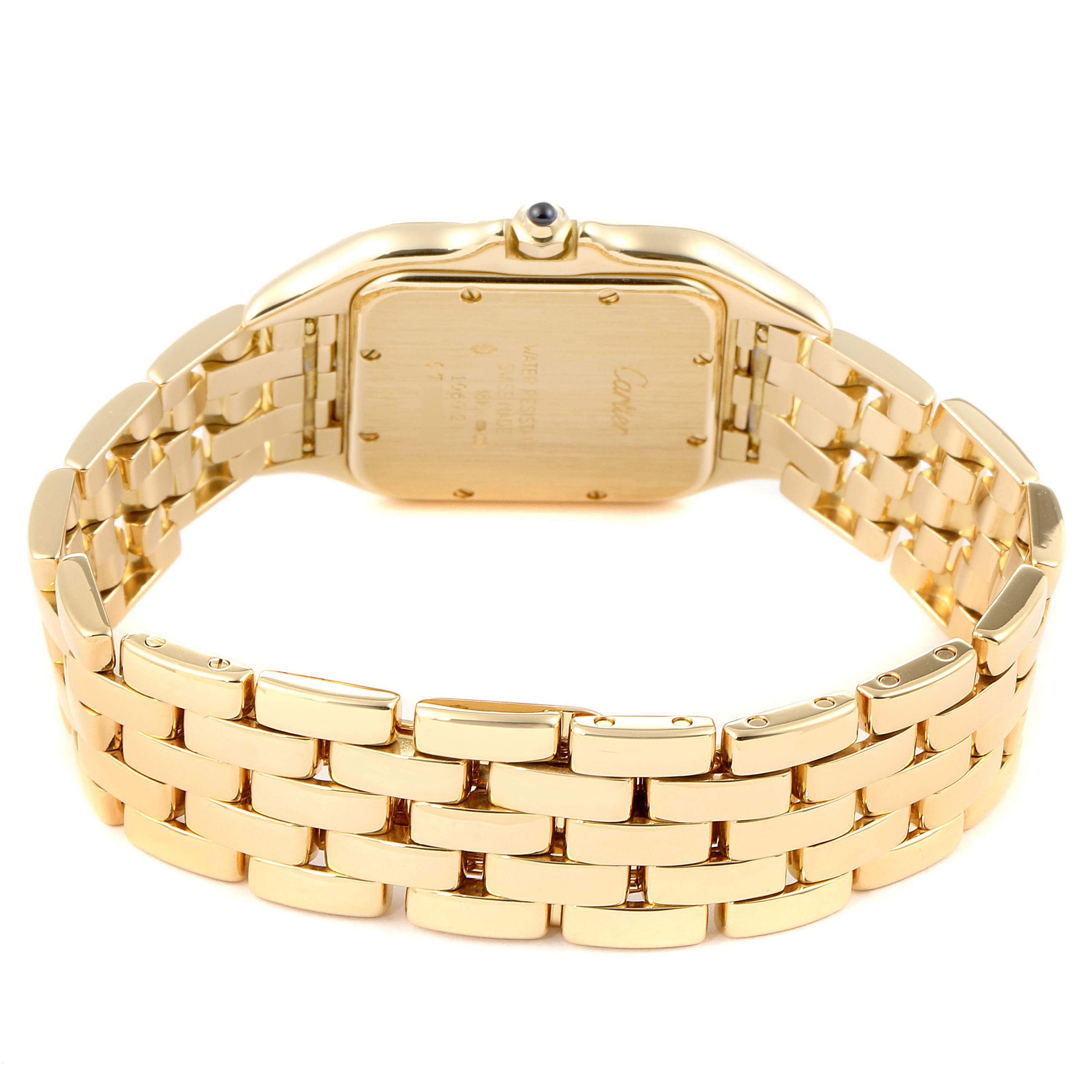 This image shows the back side and bracelet of a gold Cartier Panthere W25014B9 Women's Yellow Gold Silver Dial W25014B9 Women's Yellow Gold Silver Dial watch.