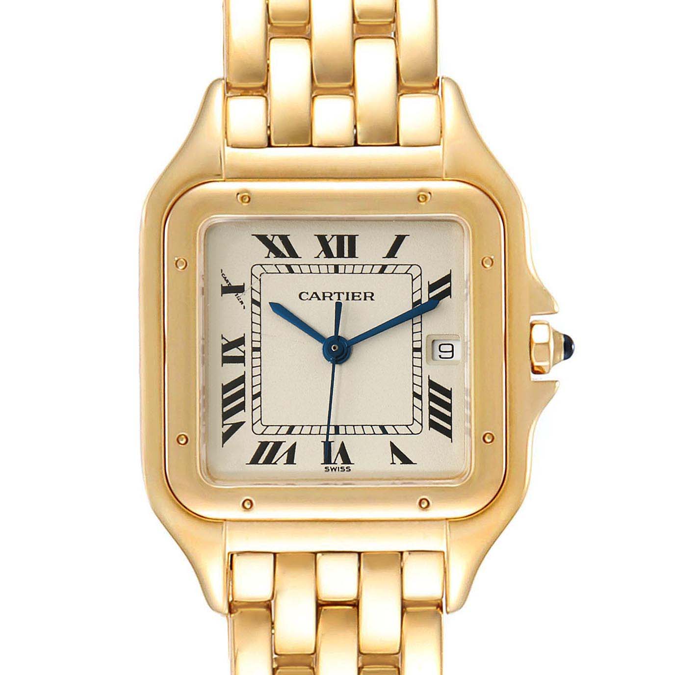 This image shows the front view of a Cartier Panthere W25014B9 Women's Yellow Gold Silver Dial W25014B9 Women's Yellow Gold Silver Dial watch, highlighting the face, bezel, and part of the bracelet.