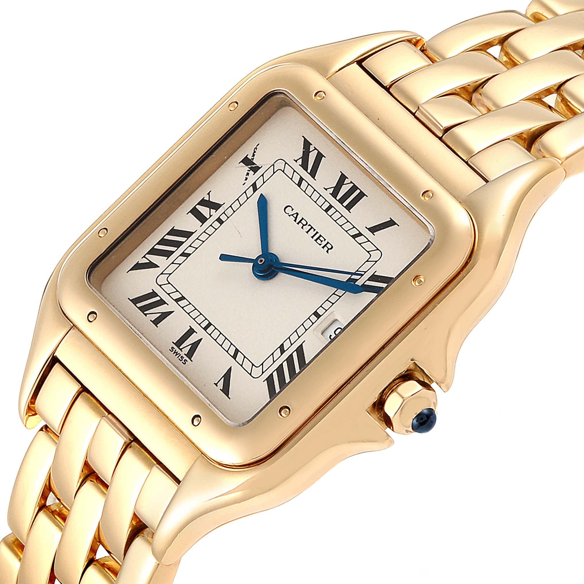 The image shows a close-up of the Cartier Panthère watch, highlighting its gold case, bracelet, and Roman numeral dial.
