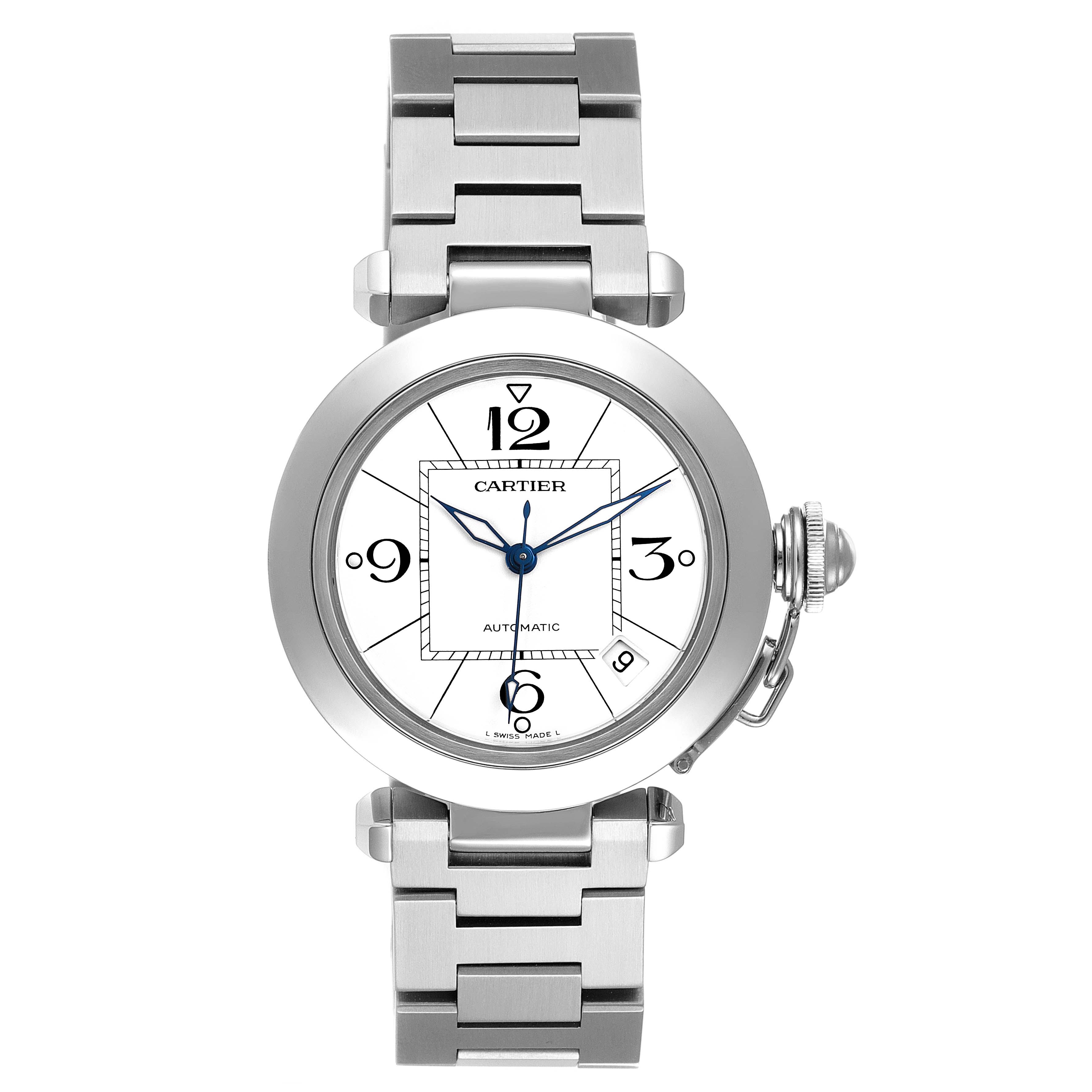 The image shows a front-facing view of a Cartier Pasha W31074M7 Women's Stainless Steel White Dial W31074M7 Women's Stainless Steel White Dial watch, highlighting its dial, hands, and metal bracelet.