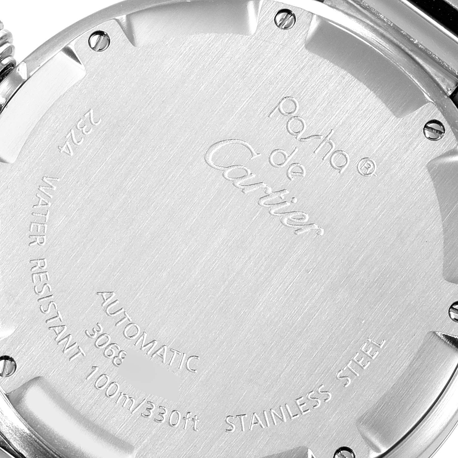 This image shows the back case of a Cartier Pasha W31074M7 Women's Stainless Steel White Dial W31074M7 Women's Stainless Steel White Dial watch, highlighting its water resistance, model number, and material.