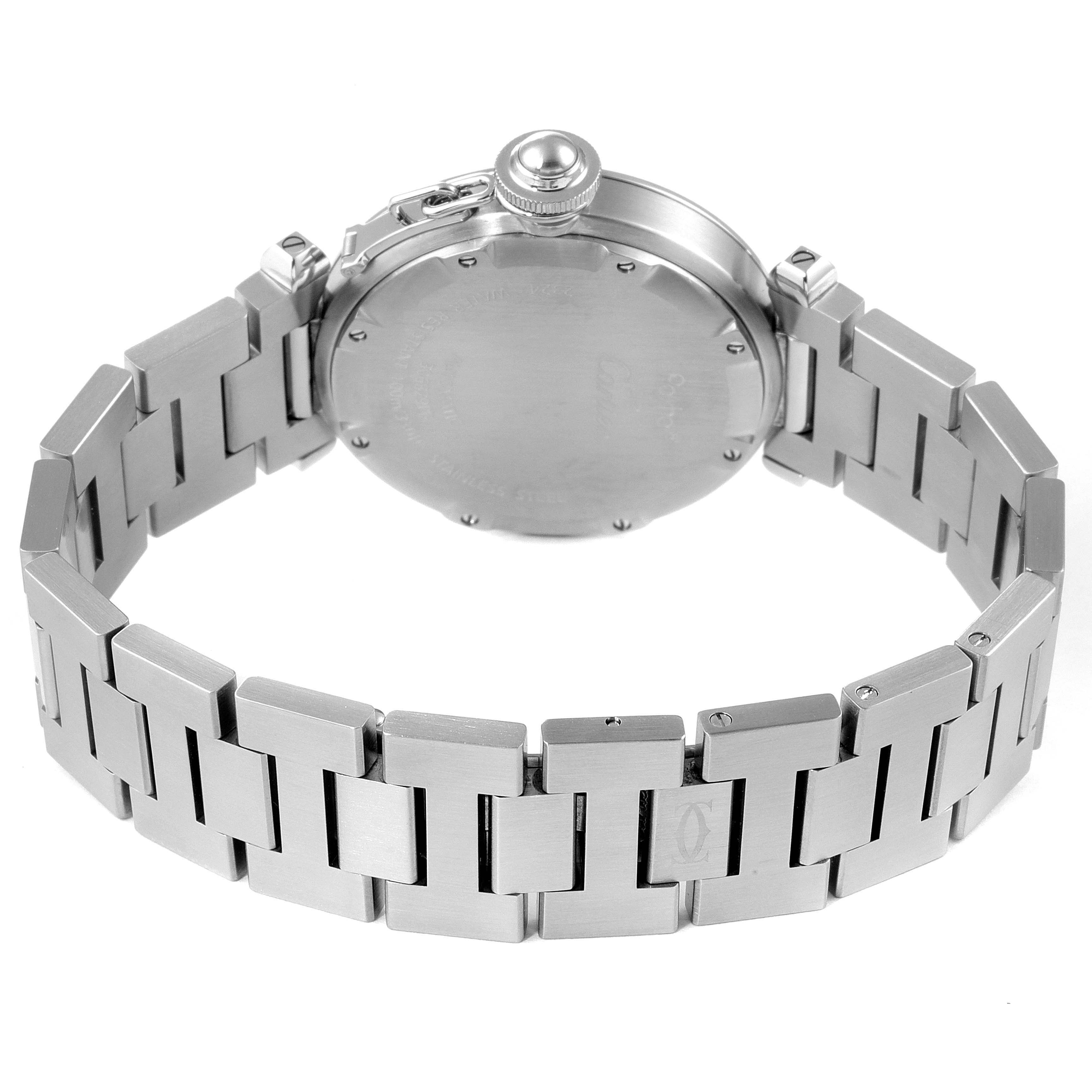 This image shows the back case and bracelet of a Cartier Pasha W31074M7 Women's Stainless Steel White Dial W31074M7 Women's Stainless Steel White Dial watch from a rear angle.