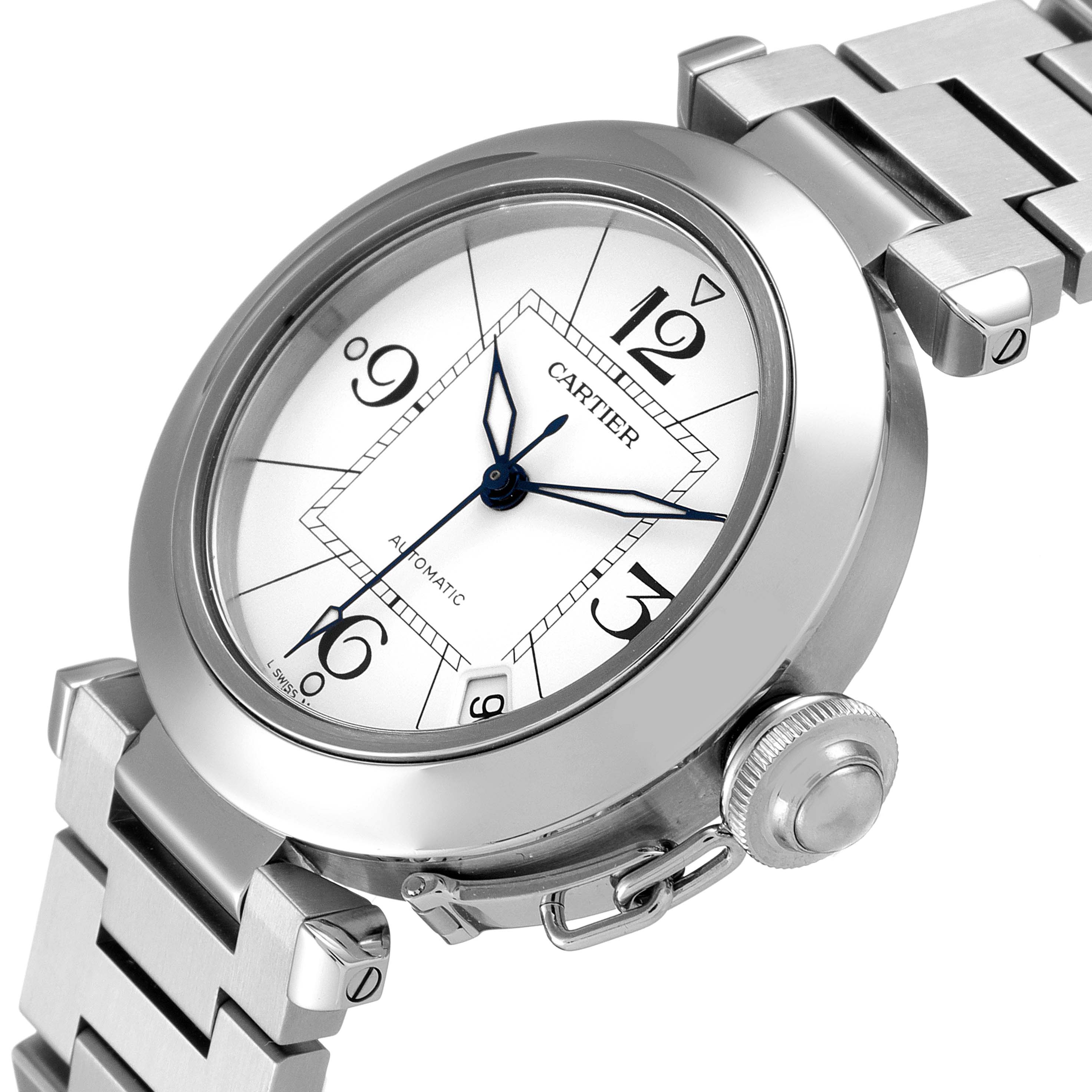 The image shows a close-up angle of a Cartier Pasha W31074M7 Women's Stainless Steel White Dial W31074M7 Women's Stainless Steel White Dial model watch, featuring its bezel, crown, dial, and part of the bracelet.