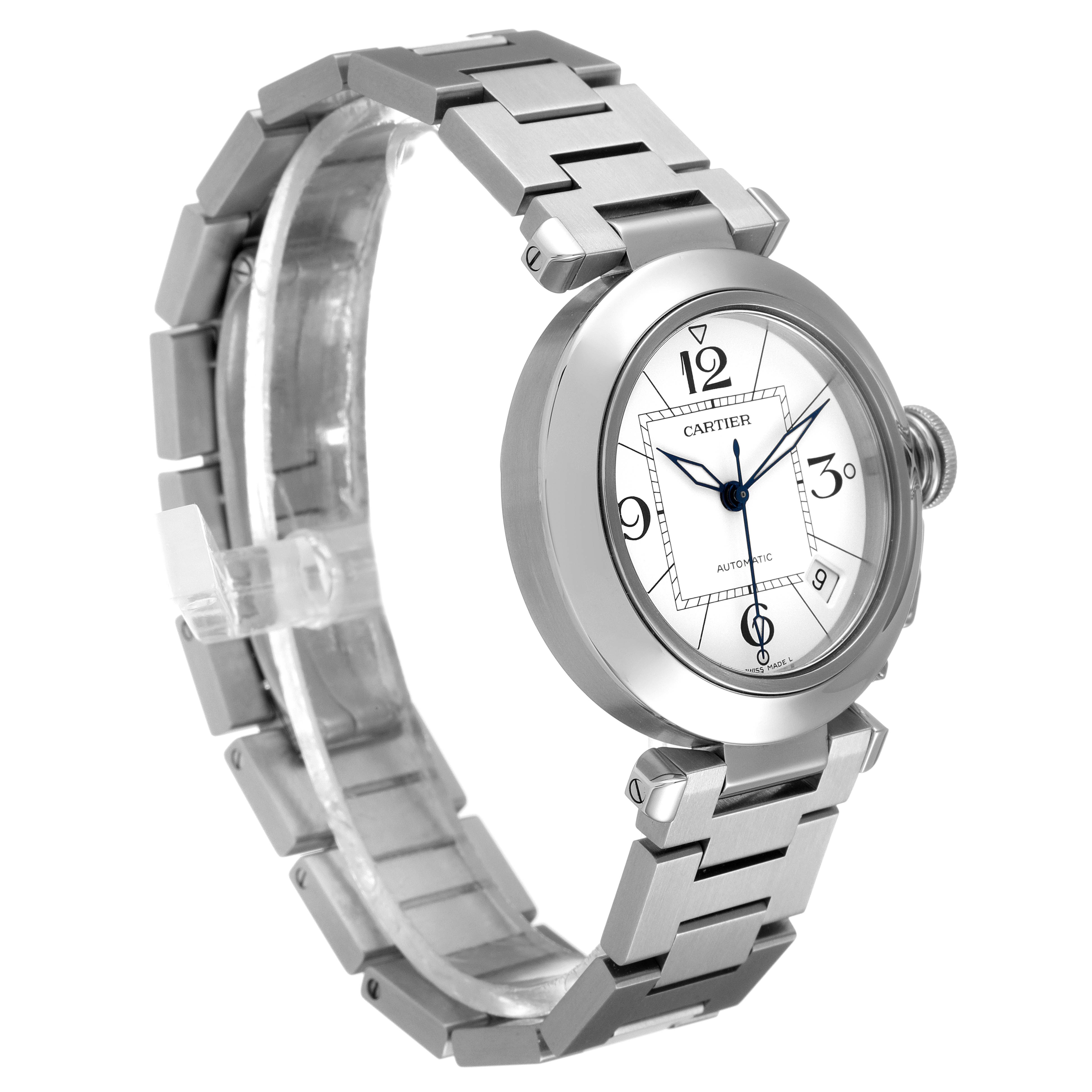 The image shows a Cartier Pasha W31074M7 Women's Stainless Steel White Dial W31074M7 Women's Stainless Steel White Dial watch taken from a side angle, highlighting the watch face, bezel, and part of the bracelet.