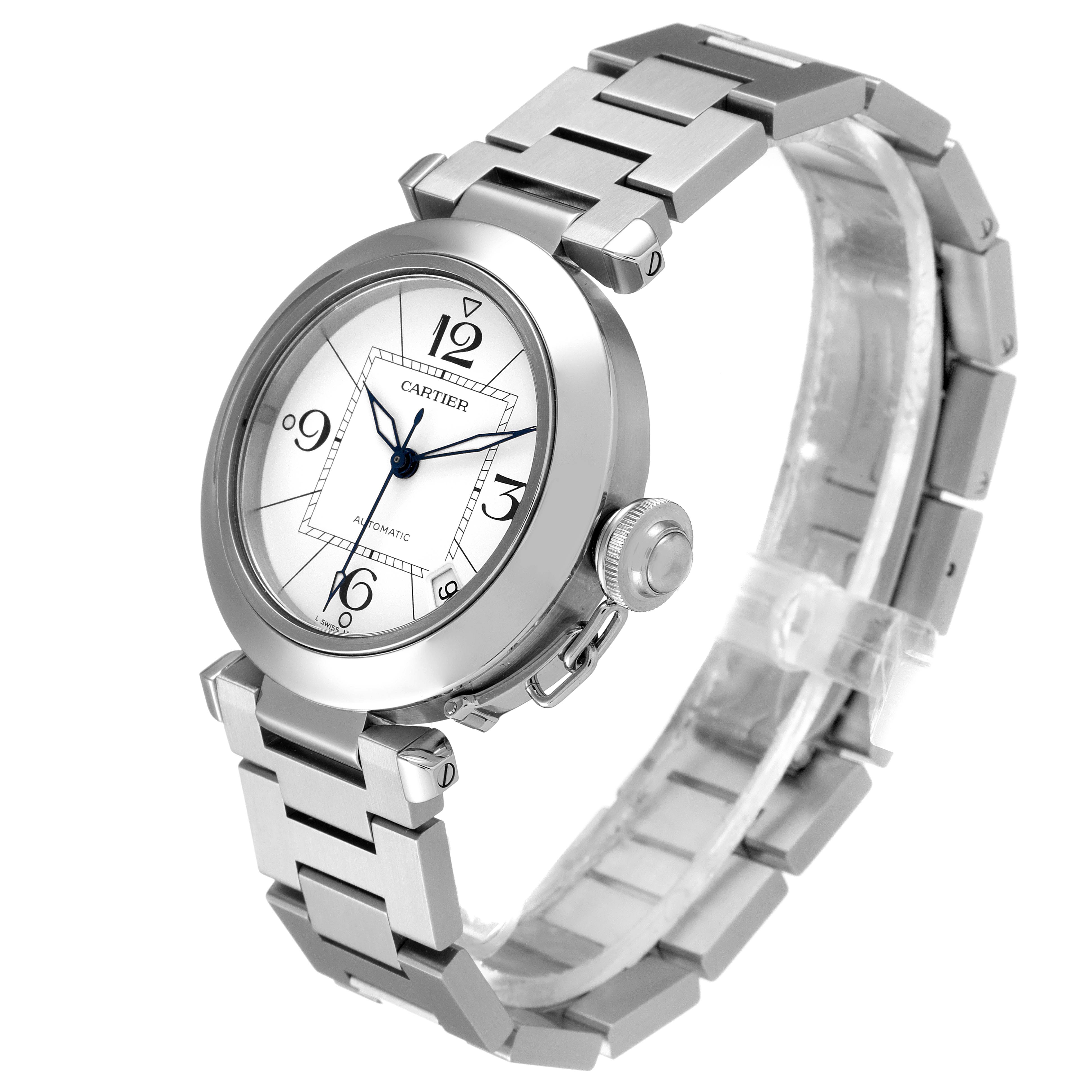 The Cartier Pasha W31074M7 Women's Stainless Steel White Dial W31074M7 Women's Stainless Steel White Dial watch is shown at a slight angle, highlighting its face, bezel, crown, and metal bracelet.