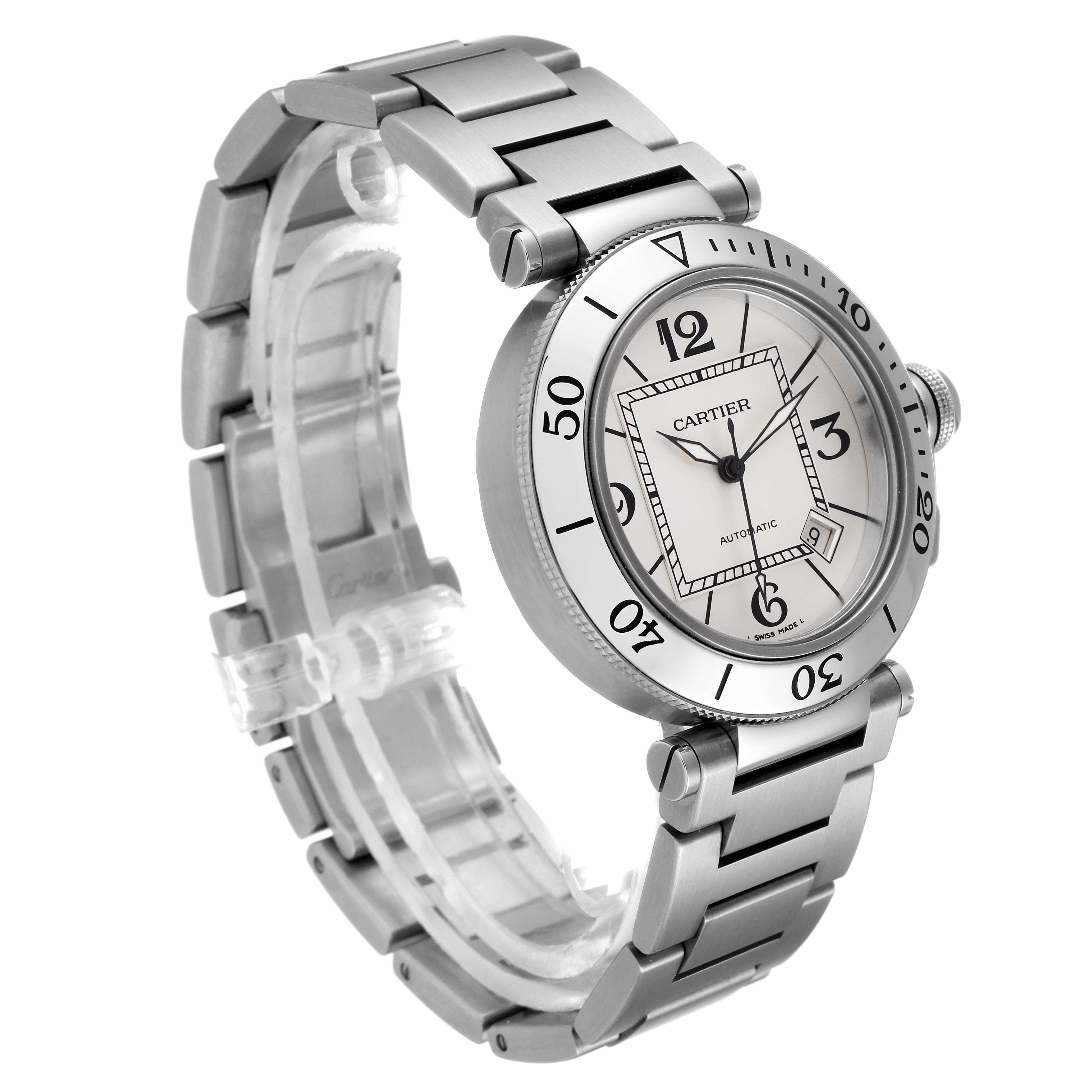 The Cartier Pasha W31080M7 Men's Stainless Steel Silver Dial W31080M7 Men's Stainless Steel Silver Dial watch is shown at a slight angle, displaying its round face, dial, and metallic bracelet.