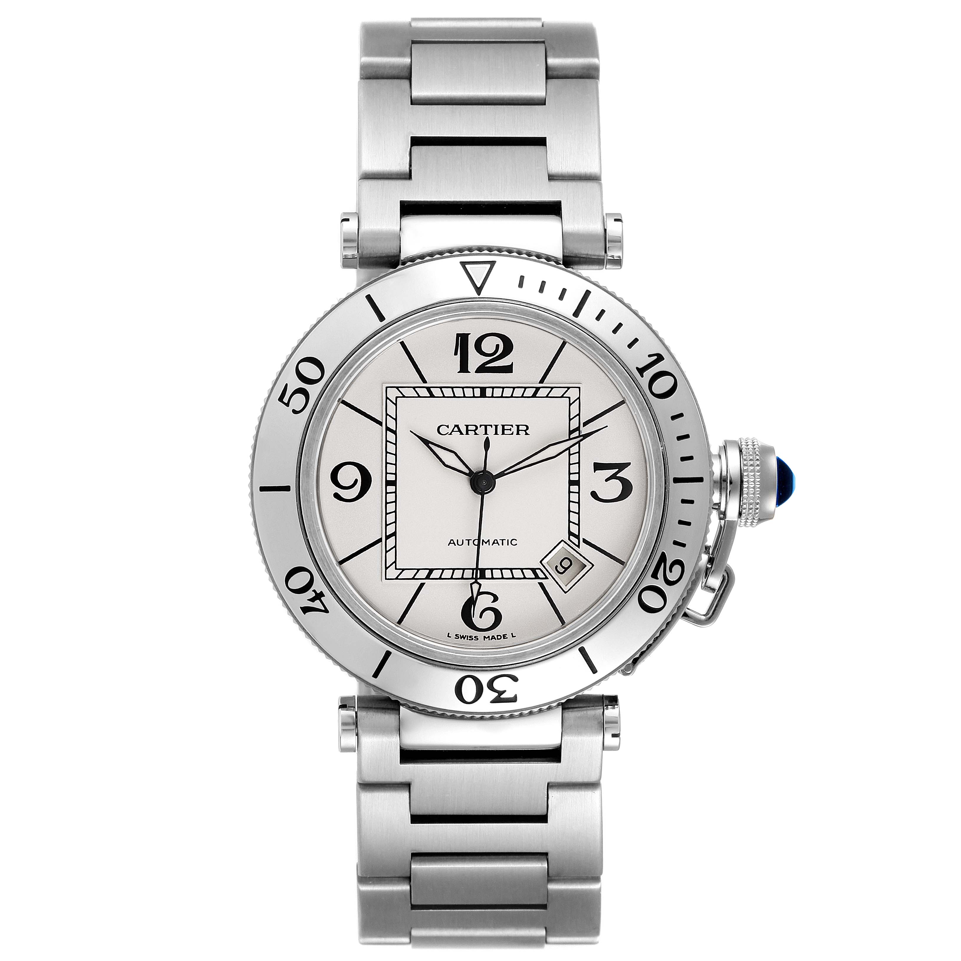 This image shows a front view of the Cartier Pasha W31080M7 Men's Stainless Steel Silver Dial W31080M7 Men's Stainless Steel Silver Dial watch, highlighting its dial, bezel, and bracelet.
