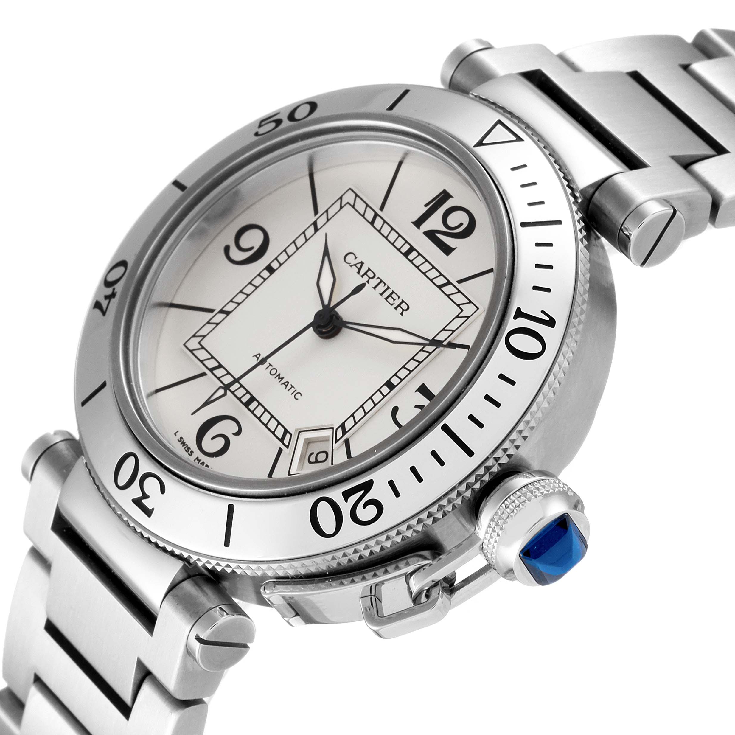 The Cartier Pasha W31080M7 Men's Stainless Steel Silver Dial W31080M7 Men's Stainless Steel Silver Dial watch is shown at a slight angle highlighting its face, bezel, crown, and part of the metal bracelet.