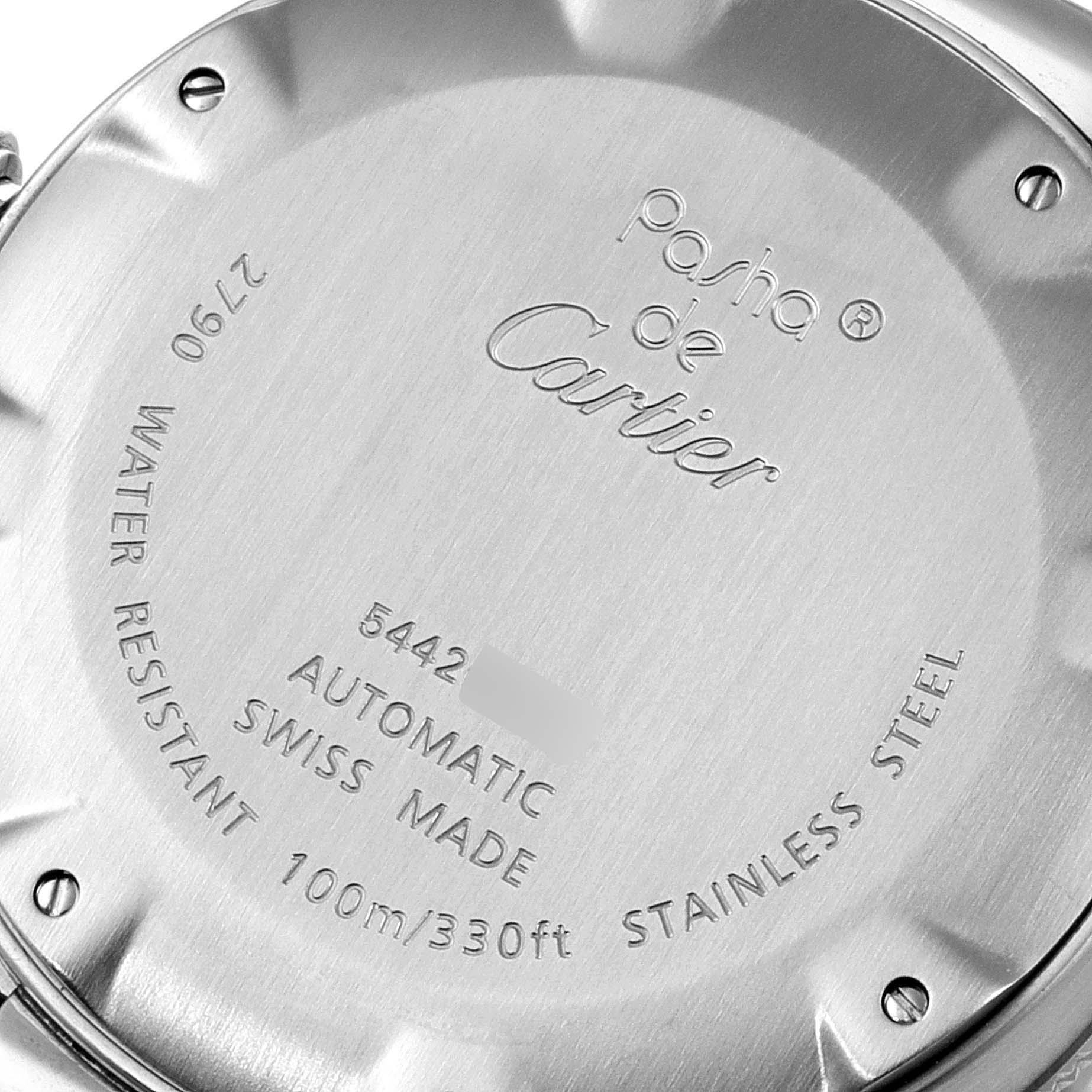 The image shows the back case of a Pasha de Cartier watch, displaying details like model number, water resistance, and material.