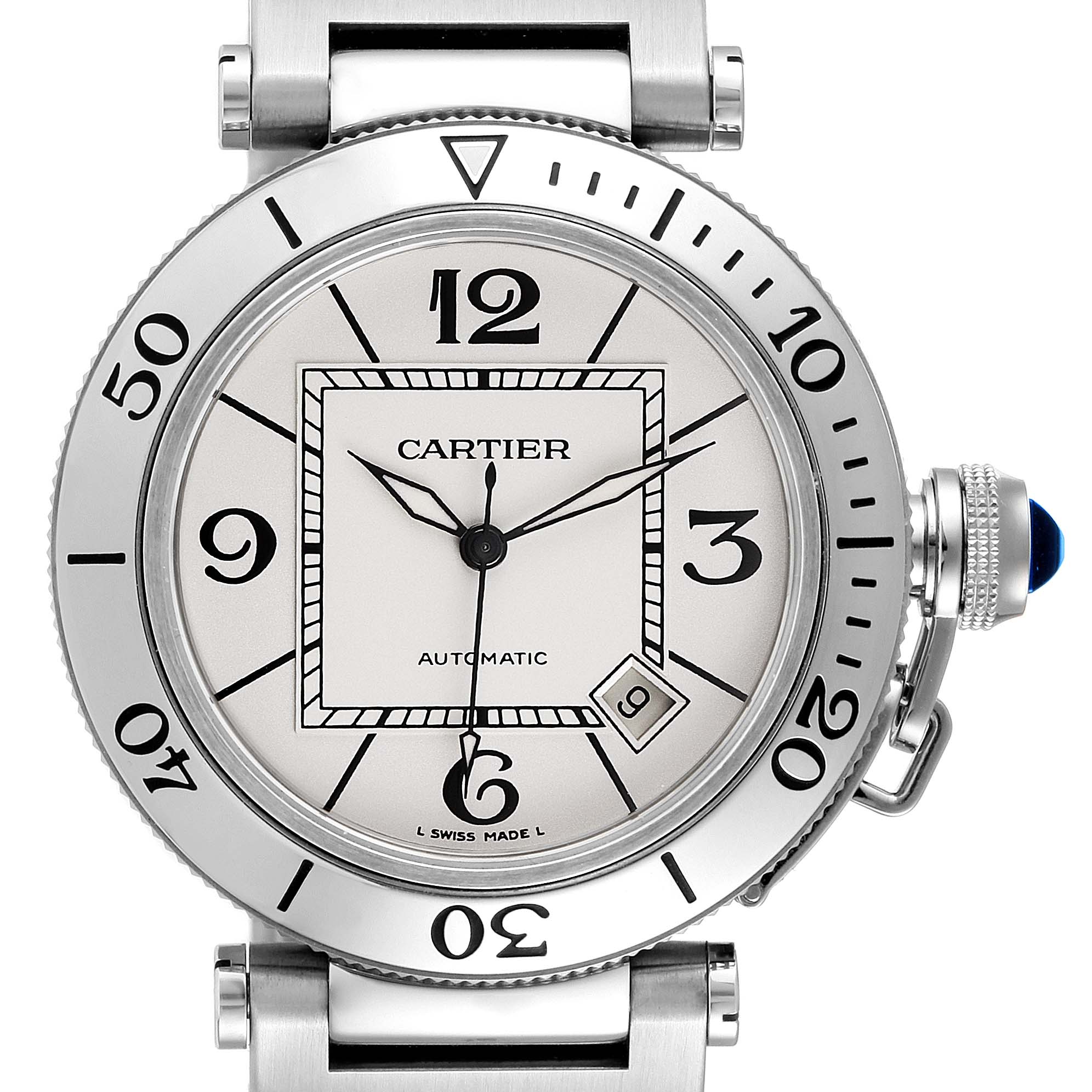 This image shows a front view of the Cartier Pasha W31080M7 Men's Stainless Steel Silver Dial W31080M7 Men's Stainless Steel Silver Dial model watch, highlighting the dial, hands, bezel, and crown.