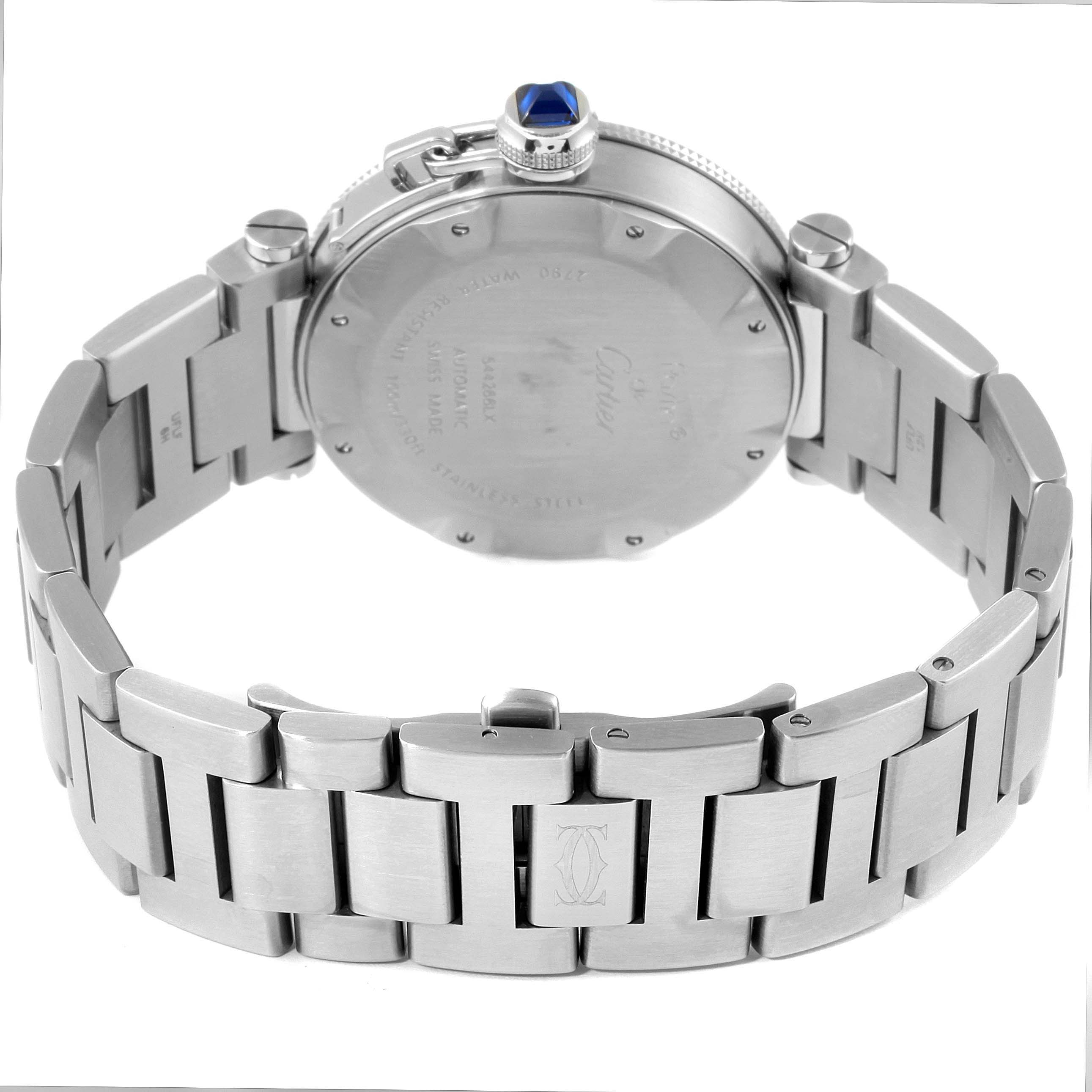 This image shows the back and bracelet of a Cartier Pasha W31080M7 Men's Stainless Steel Silver Dial W31080M7 Men's Stainless Steel Silver Dial watch, highlighting the clasp and case back details.
