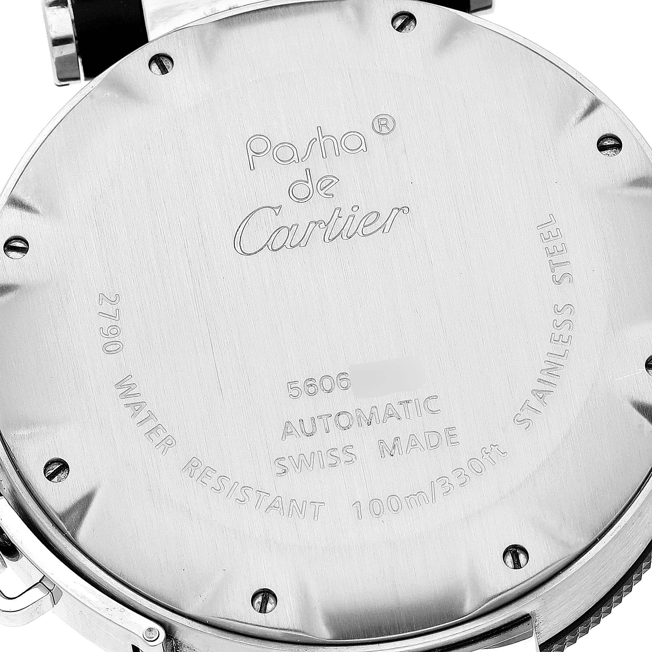 This is a rear view of the case back of the Cartier Pasha W31077U2 Men's Stainless Steel Black Dial W31077U2 Men's Stainless Steel Black Dial watch, showing engravings and specifications.