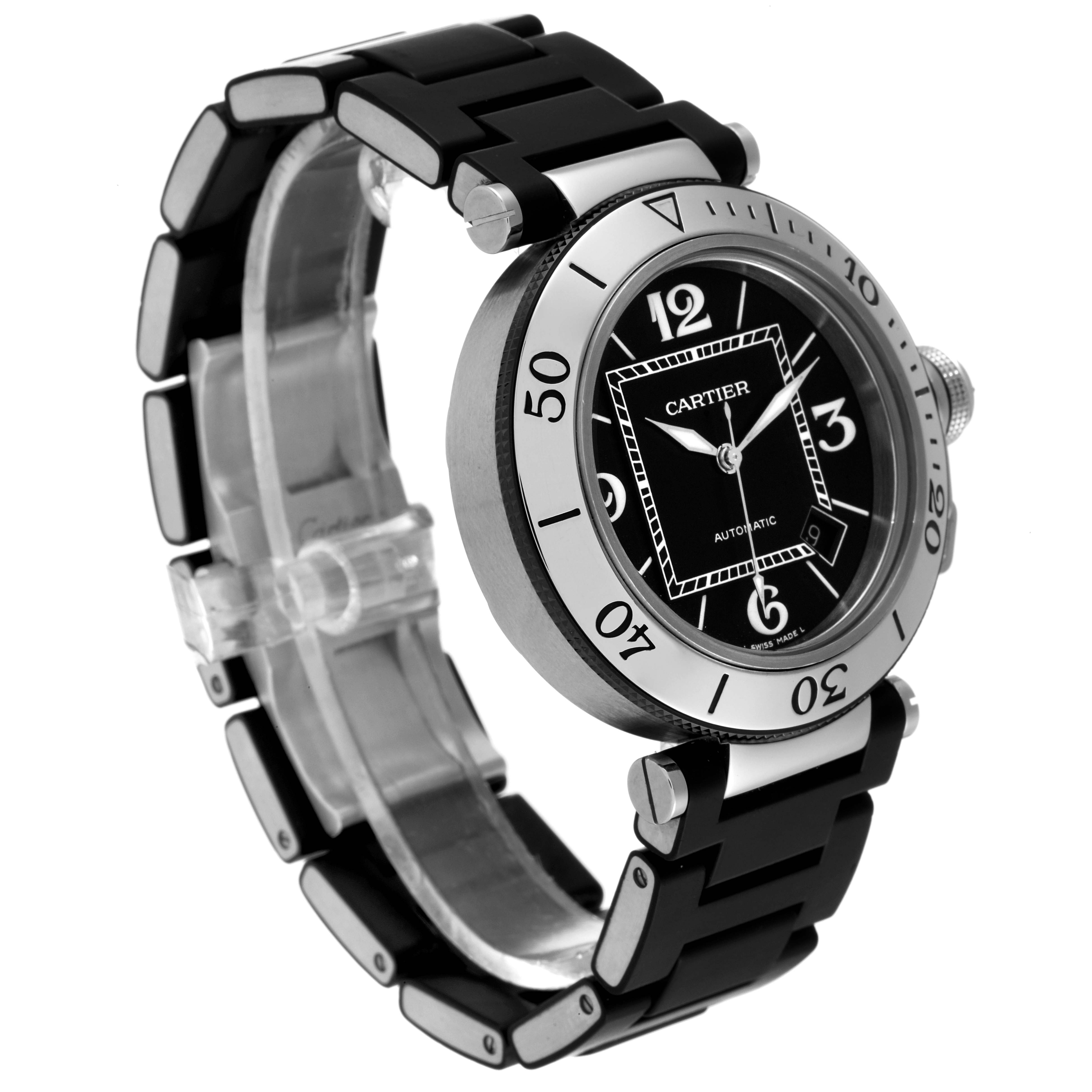 This image shows a Cartier Pasha W31077U2 Men's Stainless Steel Black Dial W31077U2 Men's Stainless Steel Black Dial watch from a 3/4 angle, highlighting the dial, bezel, and black bracelet.