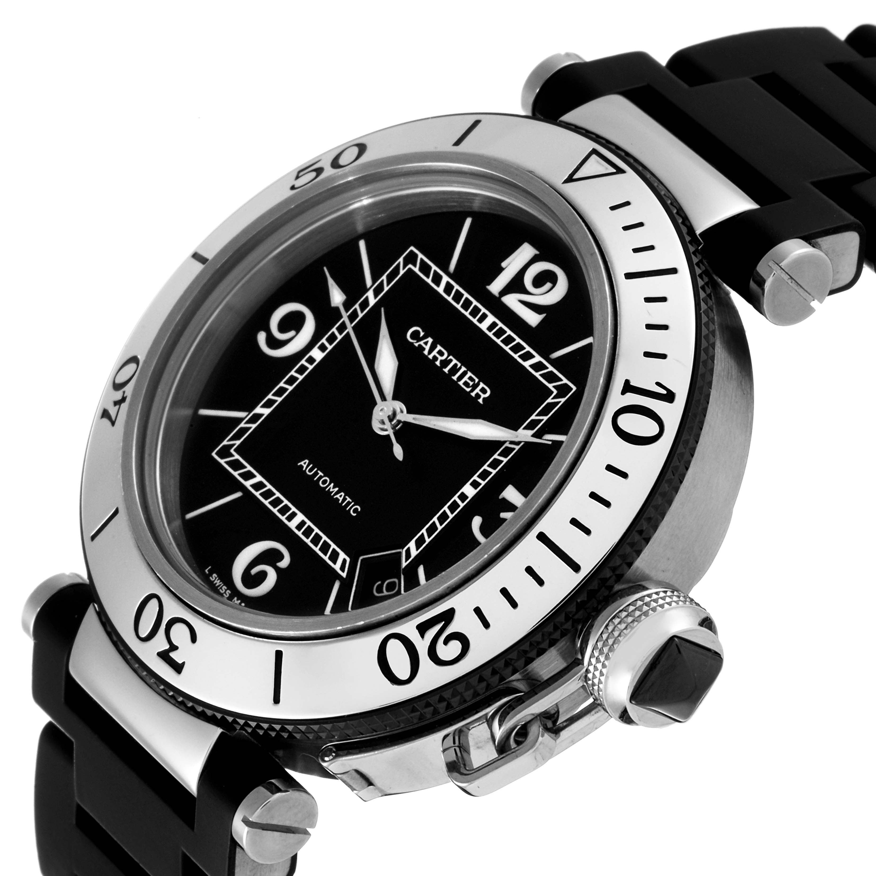 The image shows a close-up, angled view of a Cartier Pasha W31077U2 Men's Stainless Steel Black Dial W31077U2 Men's Stainless Steel Black Dial watch, highlighting its bezel, dial, crown, and strap.