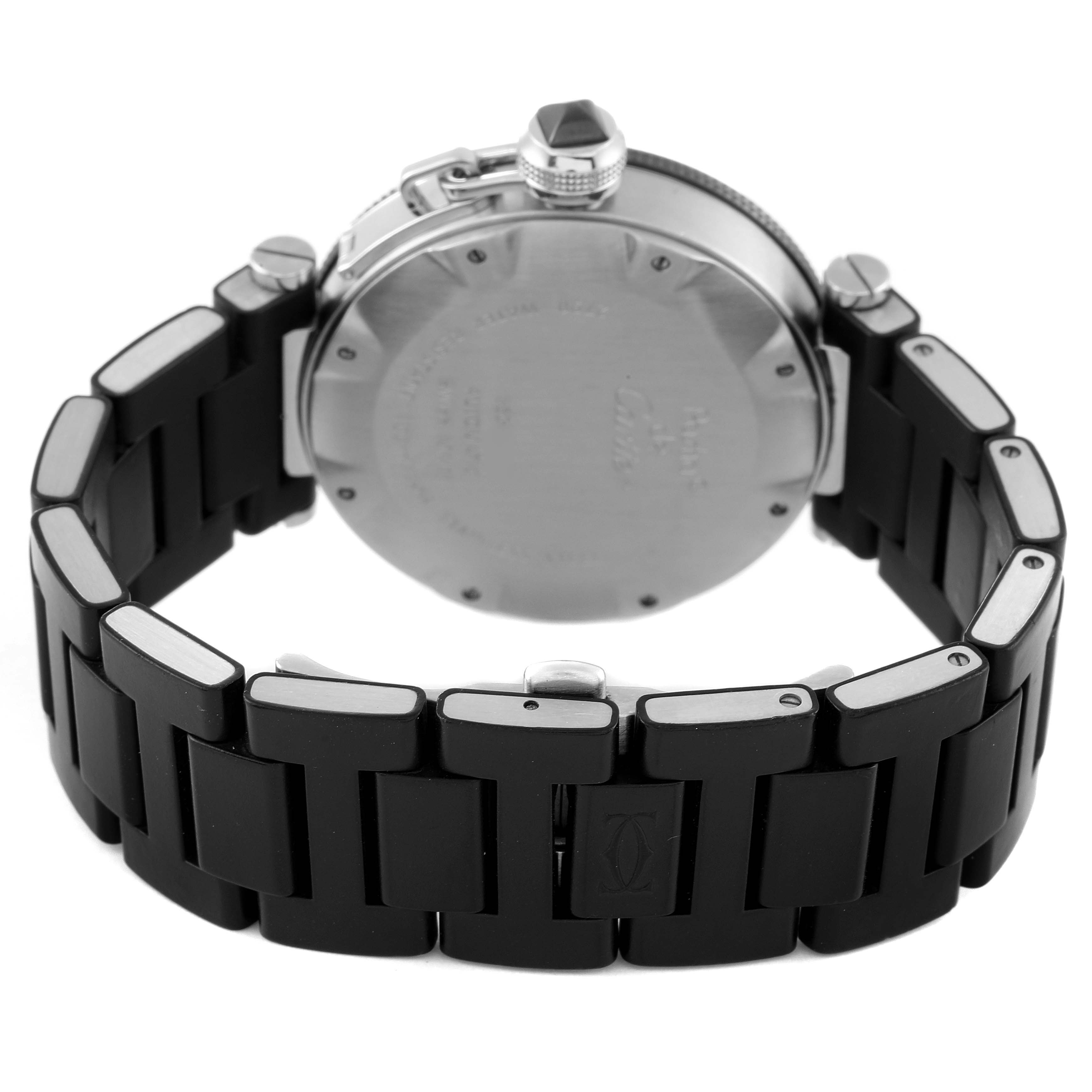 The image shows the back and clasp of a Cartier Pasha W31077U2 Men's Stainless Steel Black Dial W31077U2 Men's Stainless Steel Black Dial watch with a black metal bracelet.