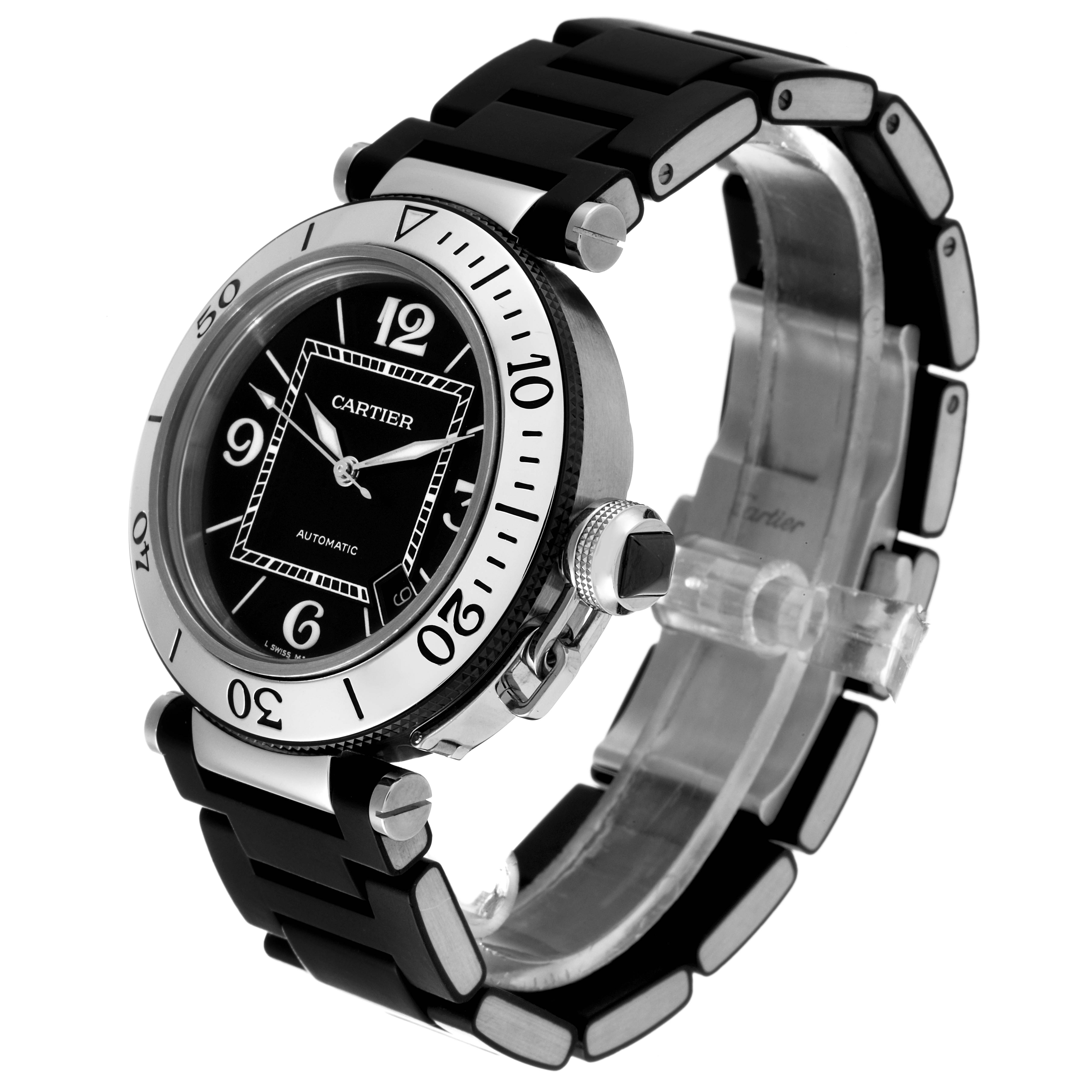 The image shows a Cartier Pasha W31077U2 Men's Stainless Steel Black Dial W31077U2 Men's Stainless Steel Black Dial watch at a front-right angle, highlighting the dial, bezel, crown, and rubber strap.
