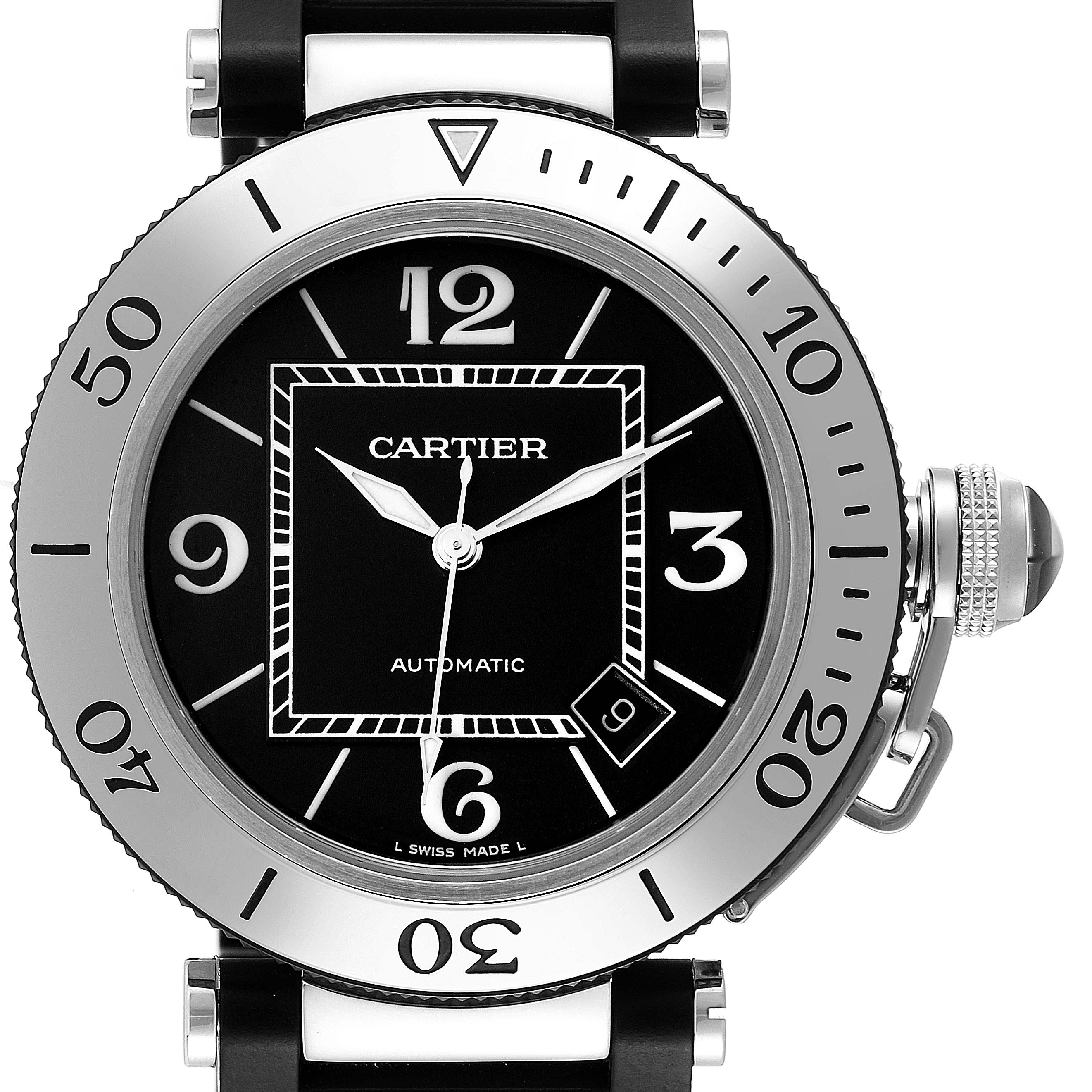 Cartier Pasha Seatimer Steel Black Rubber Coated Bracelet Mens Watch W31077u2 Swisswatchexpo 