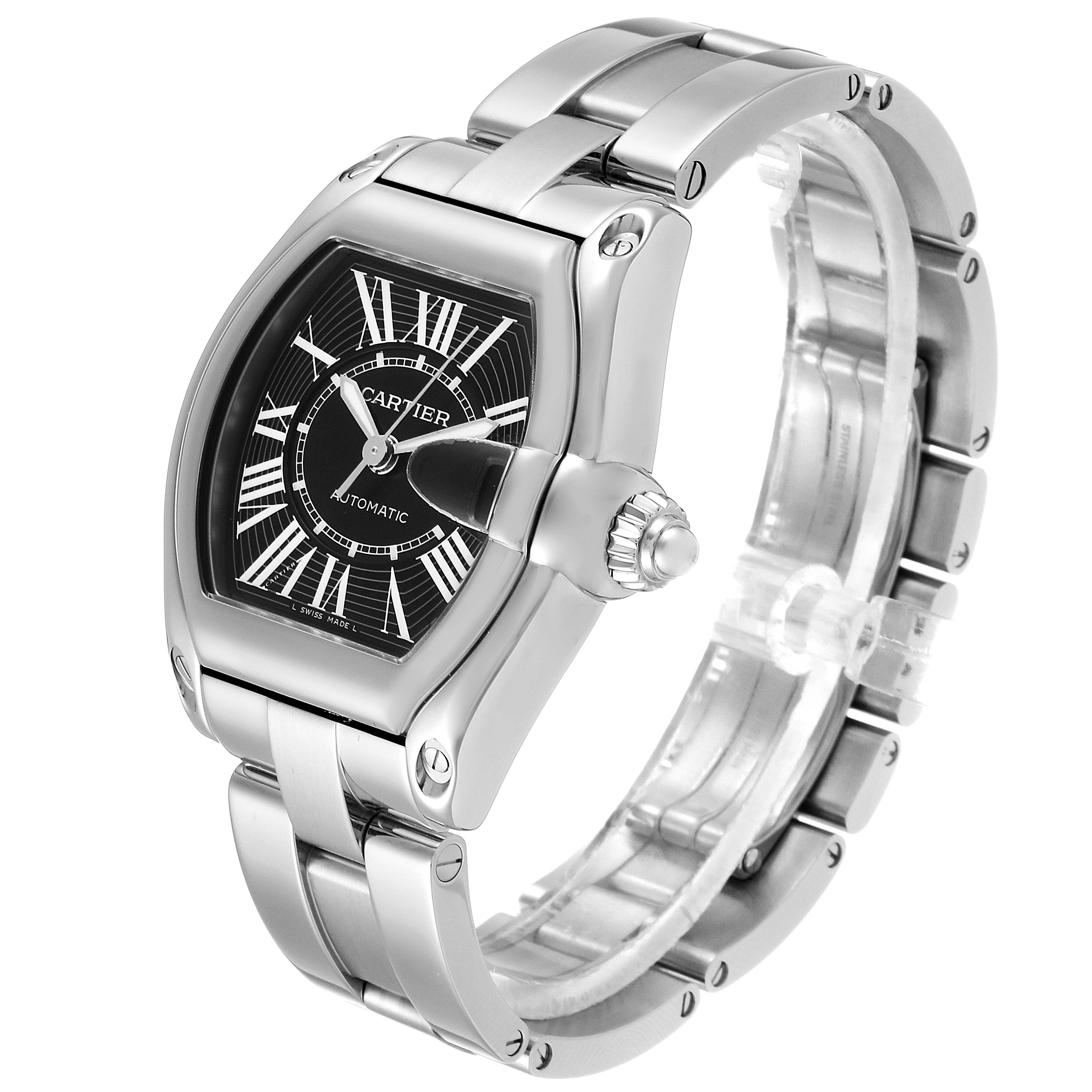 The image shows a Cartier Roadster W62041V3 Men's Stainless Steel Black Dial W62041V3 Men's Stainless Steel Black Dial watch from an angled side view, highlighting its case, dial, and metal bracelet.