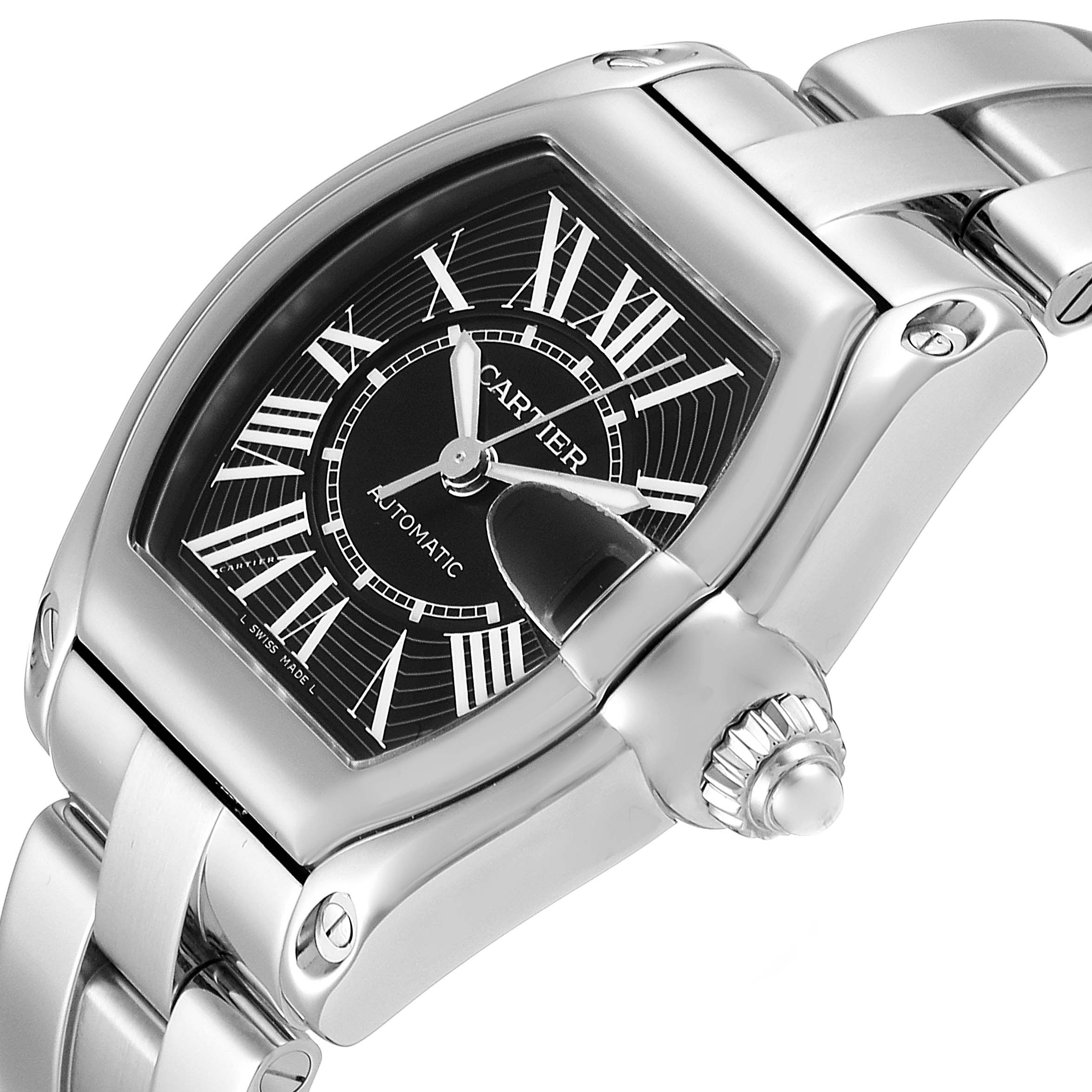 This Cartier Roadster W62041V3 Men's Stainless Steel Black Dial W62041V3 Men's Stainless Steel Black Dial watch is shown at an angled close-up, highlighting the dial, bezel, crown, and part of the bracelet.