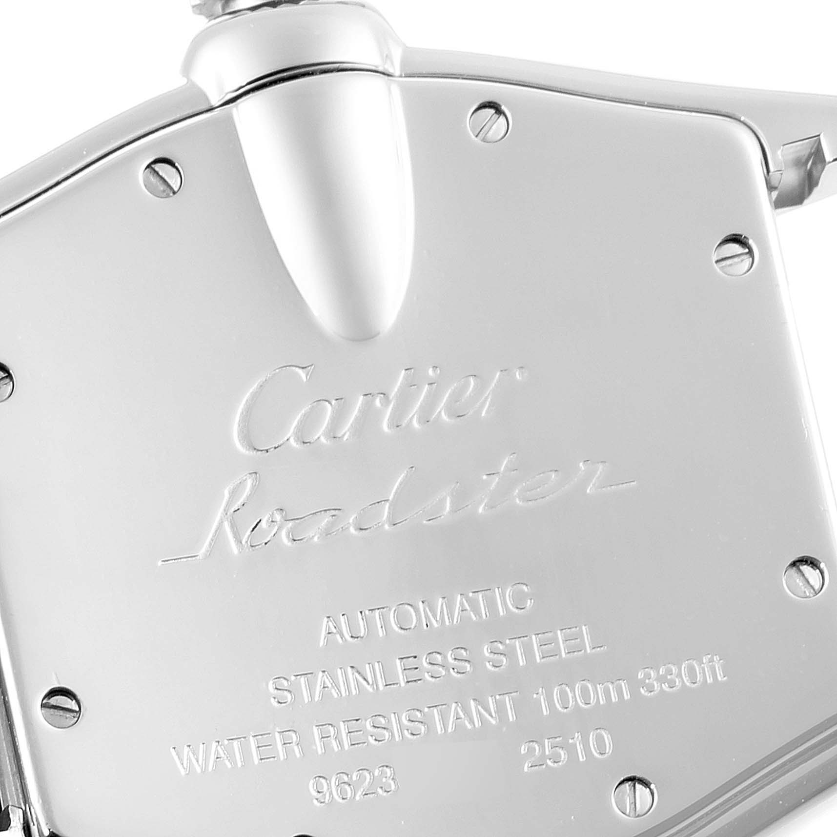 The image shows the back case of a Cartier Roadster W62041V3 Men's Stainless Steel Black Dial W62041V3 Men's Stainless Steel Black Dial watch, highlighting the engraved details.