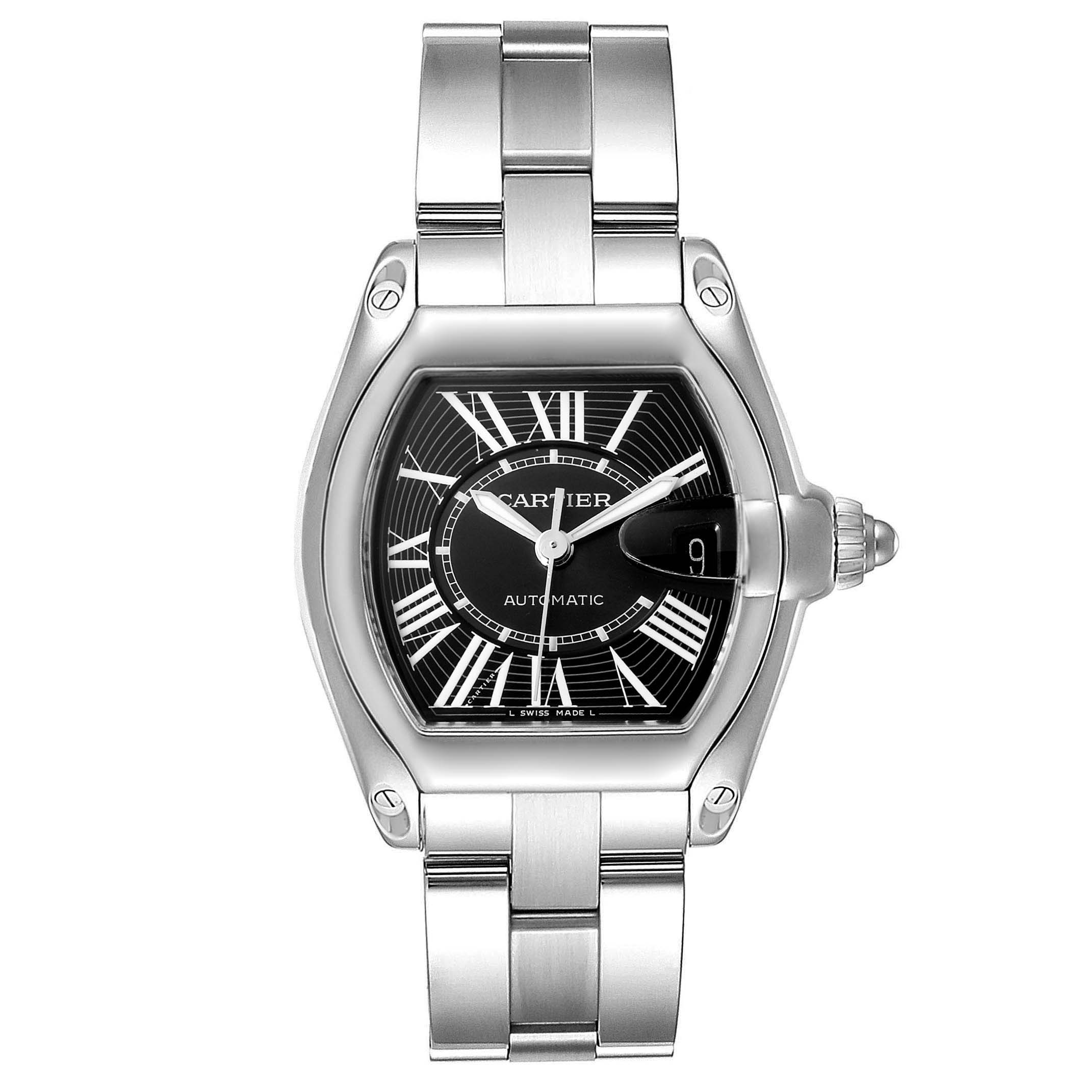 The image shows a front view of a Cartier Roadster W62041V3 Men's Stainless Steel Black Dial W62041V3 Men's Stainless Steel Black Dial watch, displaying the face, bezel, crown, and part of the bracelet.