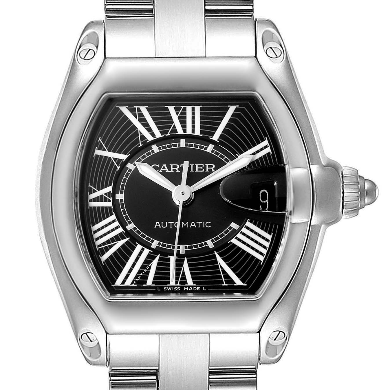 This image shows a front view of the Cartier Roadster W62041V3 Men's Stainless Steel Black Dial W62041V3 Men's Stainless Steel Black Dial watch, highlighting the dial, hands, case, and part of the bracelet.