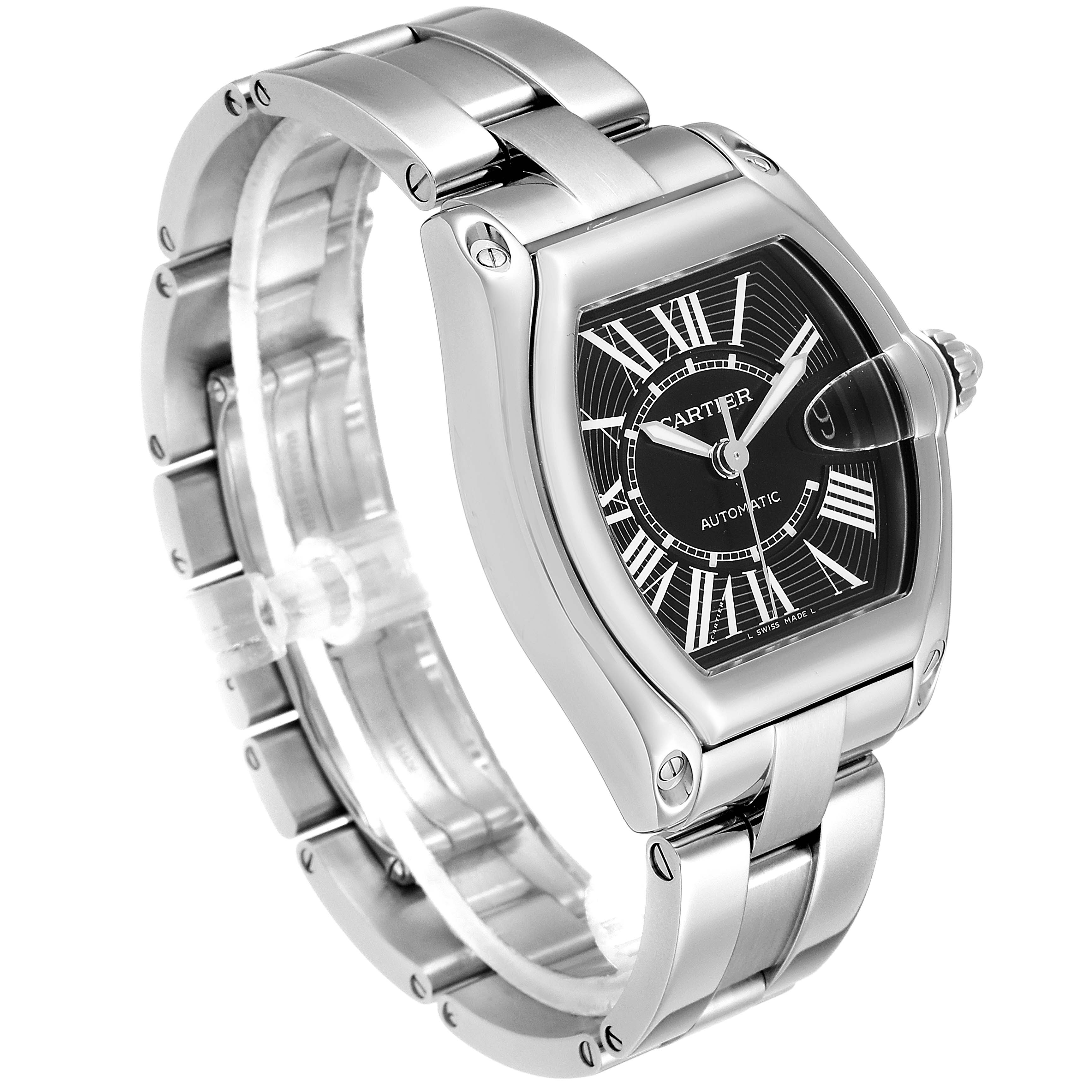 This image shows a Cartier Roadster W62041V3 Men's Stainless Steel Black Dial W62041V3 Men's Stainless Steel Black Dial watch angled to display its front face and stainless steel bracelet.