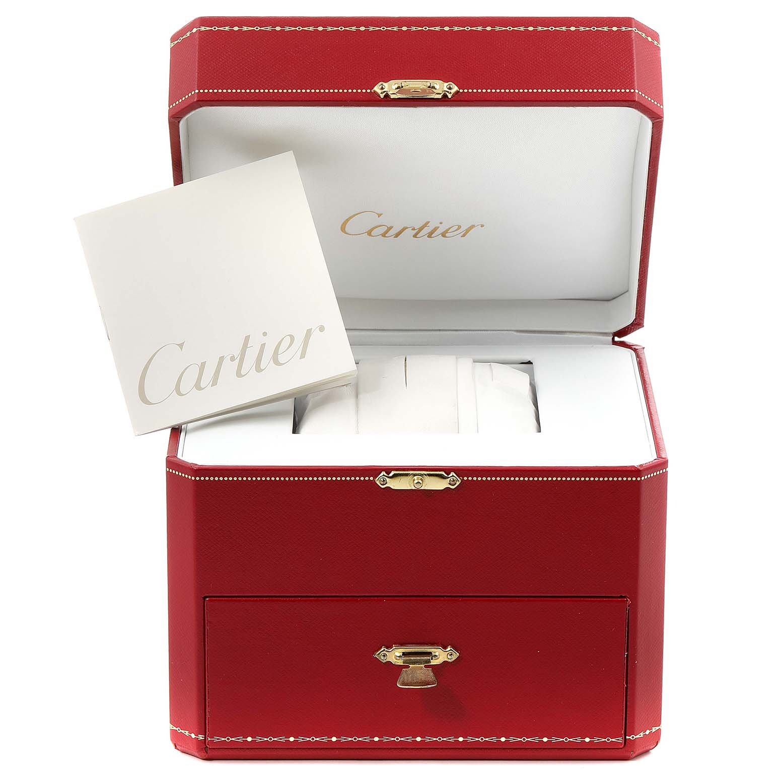 The image shows an open, red Cartier box for the Roadster model, with a Cartier booklet placed inside.