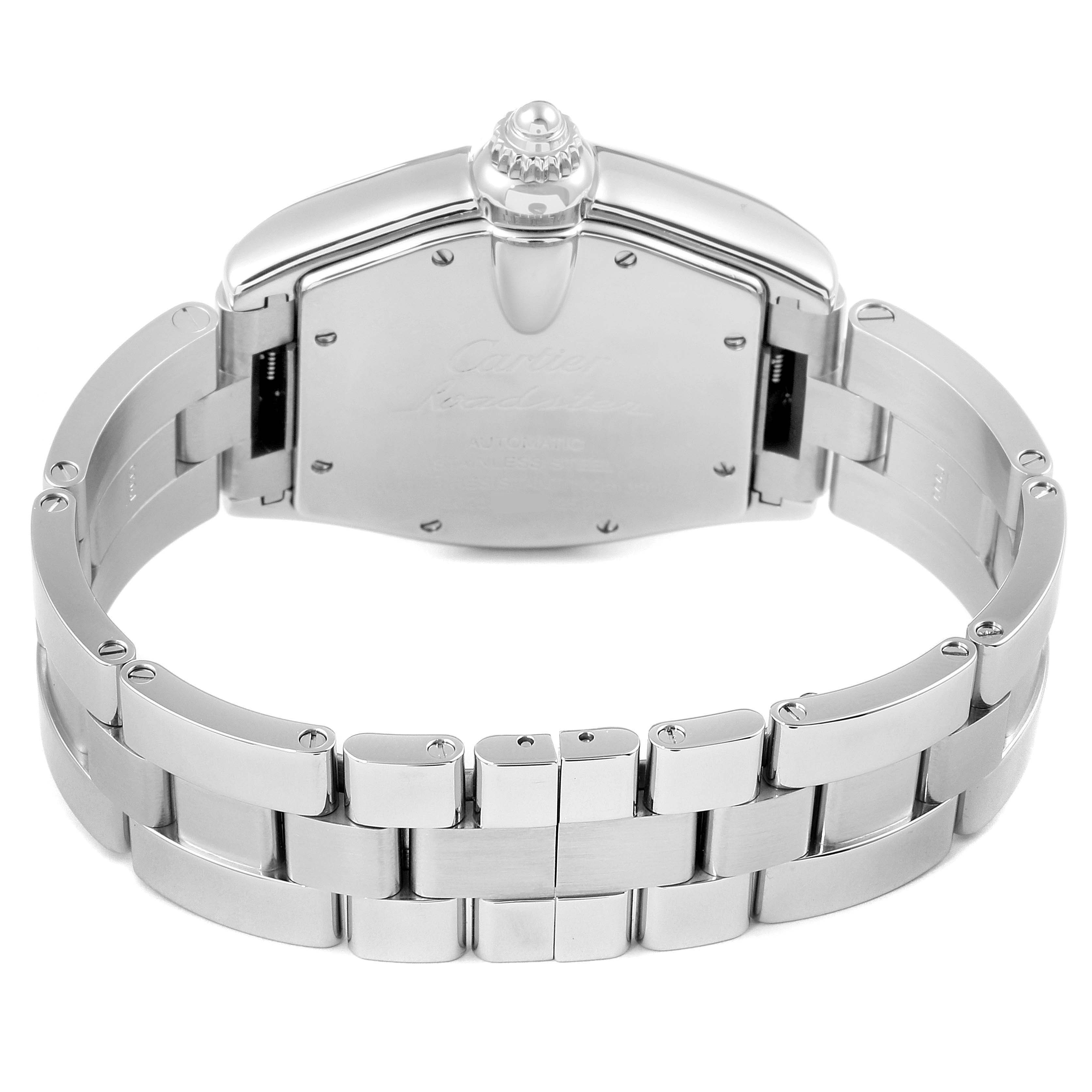 This image shows the back view of the Cartier Roadster W62041V3 Men's Stainless Steel Black Dial W62041V3 Men's Stainless Steel Black Dial watch, highlighting its bracelet and case back.