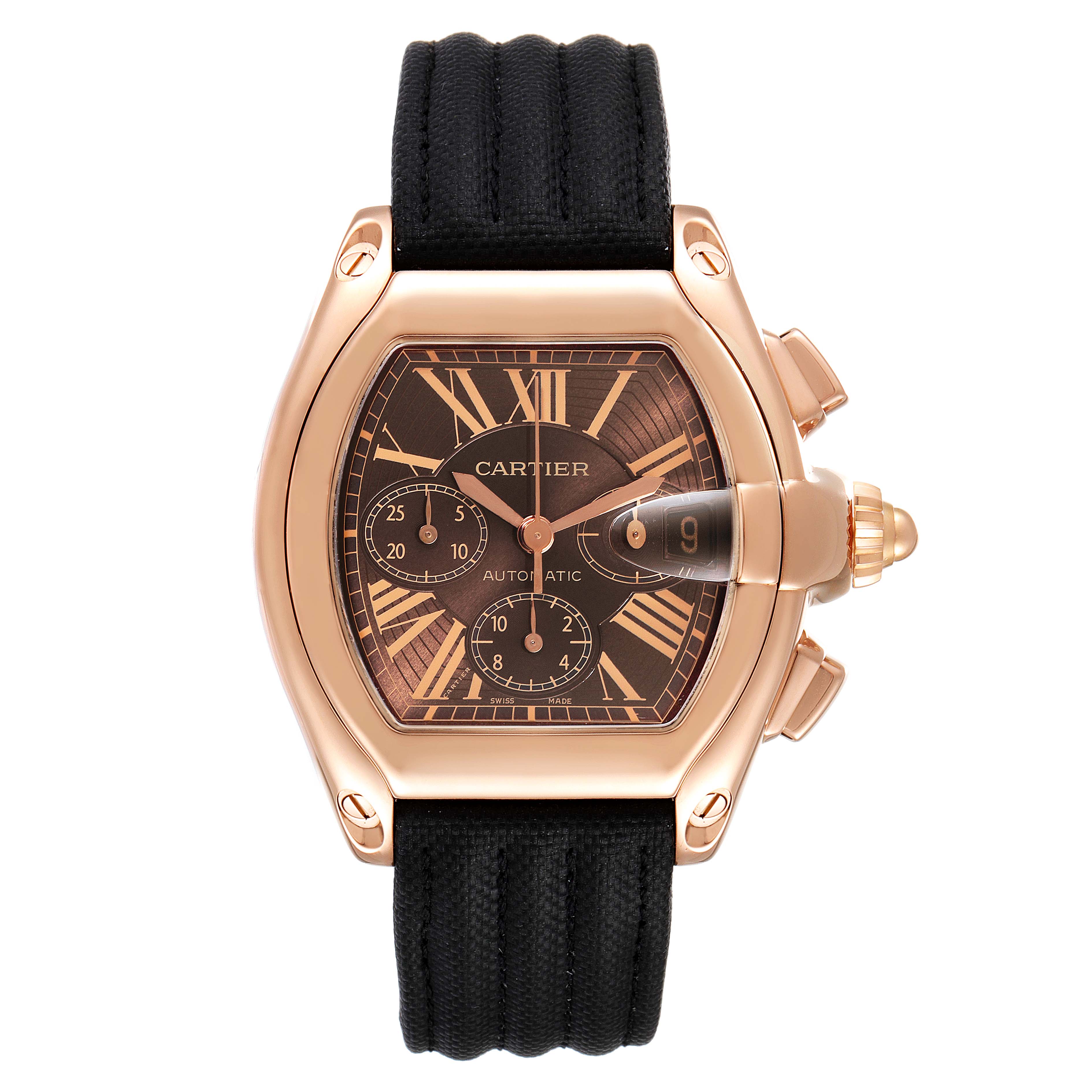 The image shows a frontal view of the Cartier Roadster W62042Y5 Men's Rose Gold Brown Dial W62042Y5 Men's Rose Gold Brown Dial watch, displaying its face, case, and strap.