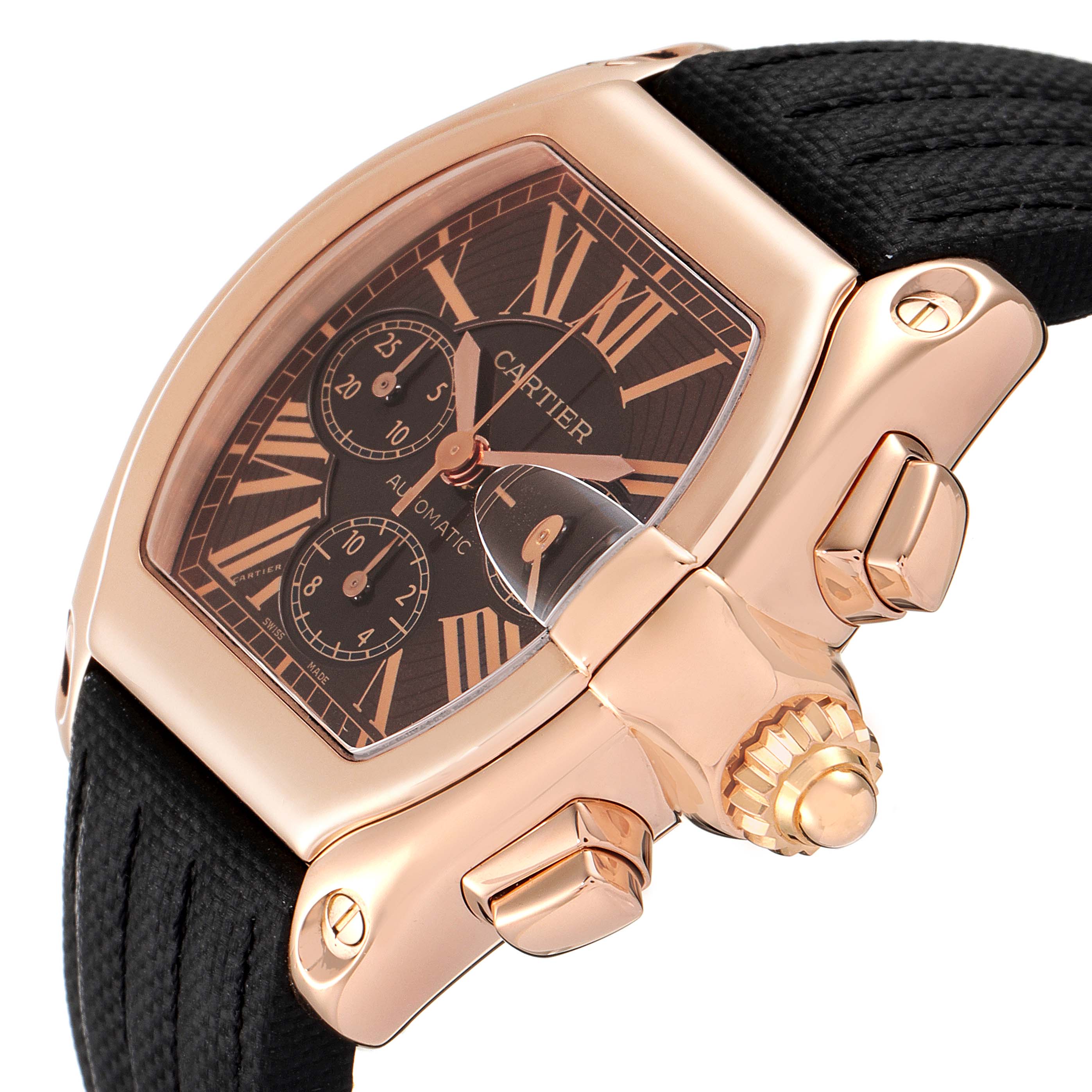 This image shows the Cartier Roadster W62042Y5 Men's Rose Gold Brown Dial W62042Y5 Men's Rose Gold Brown Dial watch at an angled close-up, highlighting the dial, crown, and strap.
