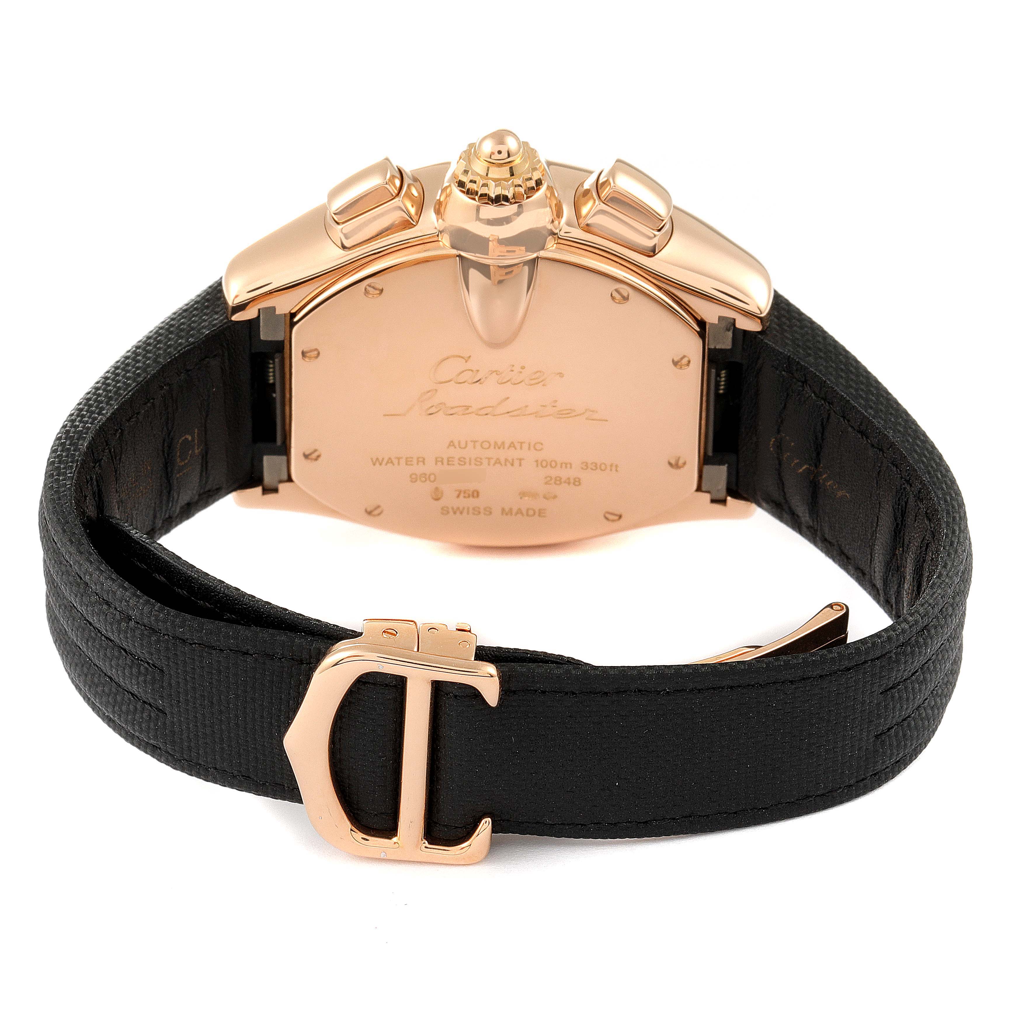 The image shows the back case, strap, and buckle of a Cartier Roadster W62042Y5 Men's Rose Gold Brown Dial W62042Y5 Men's Rose Gold Brown Dial watch from a rear angle.