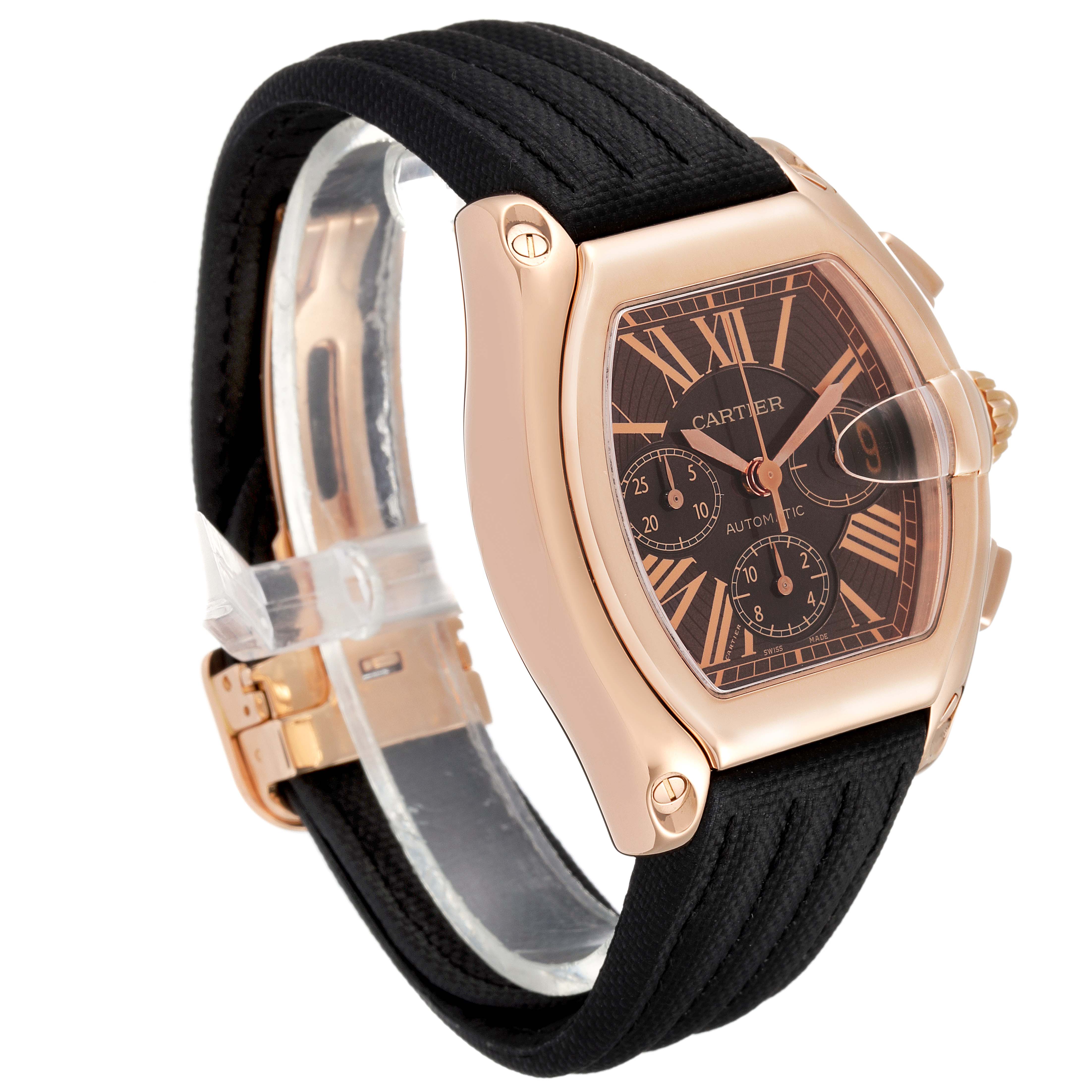 This image shows a Cartier Roadster W62042Y5 Men's Rose Gold Brown Dial W62042Y5 Men's Rose Gold Brown Dial watch at an angled side view highlighting the face, strap, and clasp.