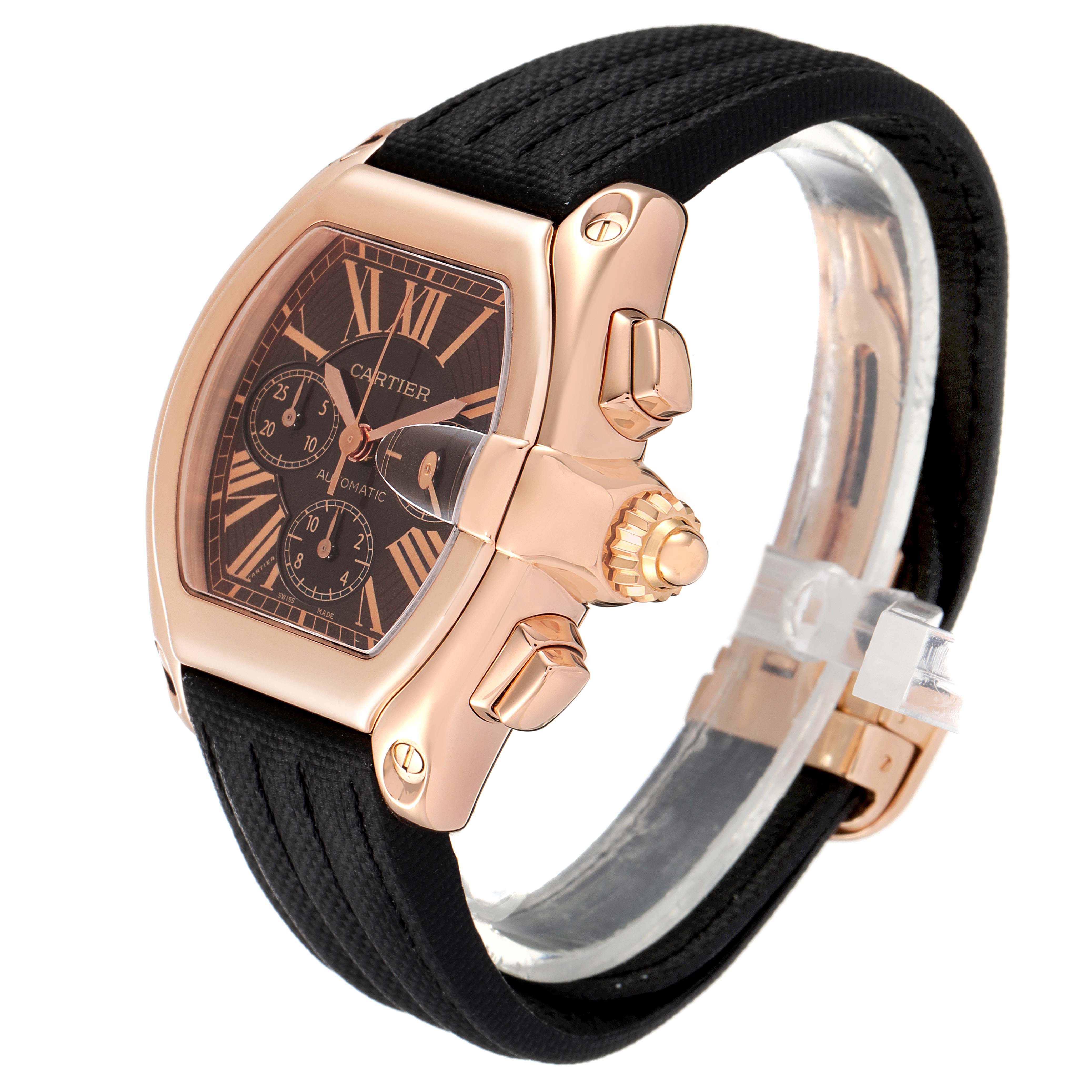 The Cartier Roadster W62042Y5 Men's Rose Gold Brown Dial W62042Y5 Men's Rose Gold Brown Dial watch is shown at a slight angle, highlighting its rose gold case, black dial with subdials, and black strap.