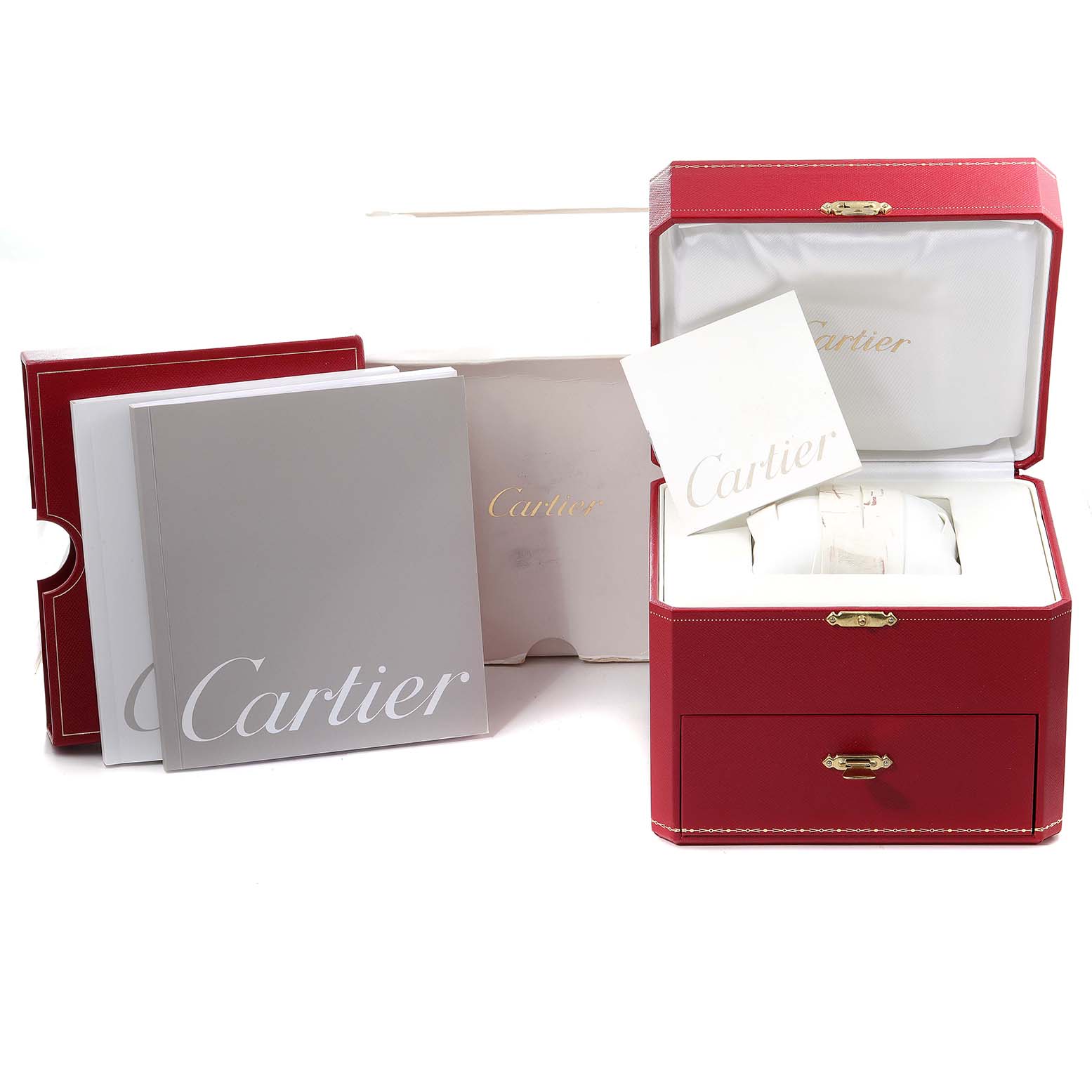 The image shows the packaging, manuals, and box for a Cartier Roadster W62042Y5 Men's Rose Gold Brown Dial W62042Y5 Men's Rose Gold Brown Dial watch.