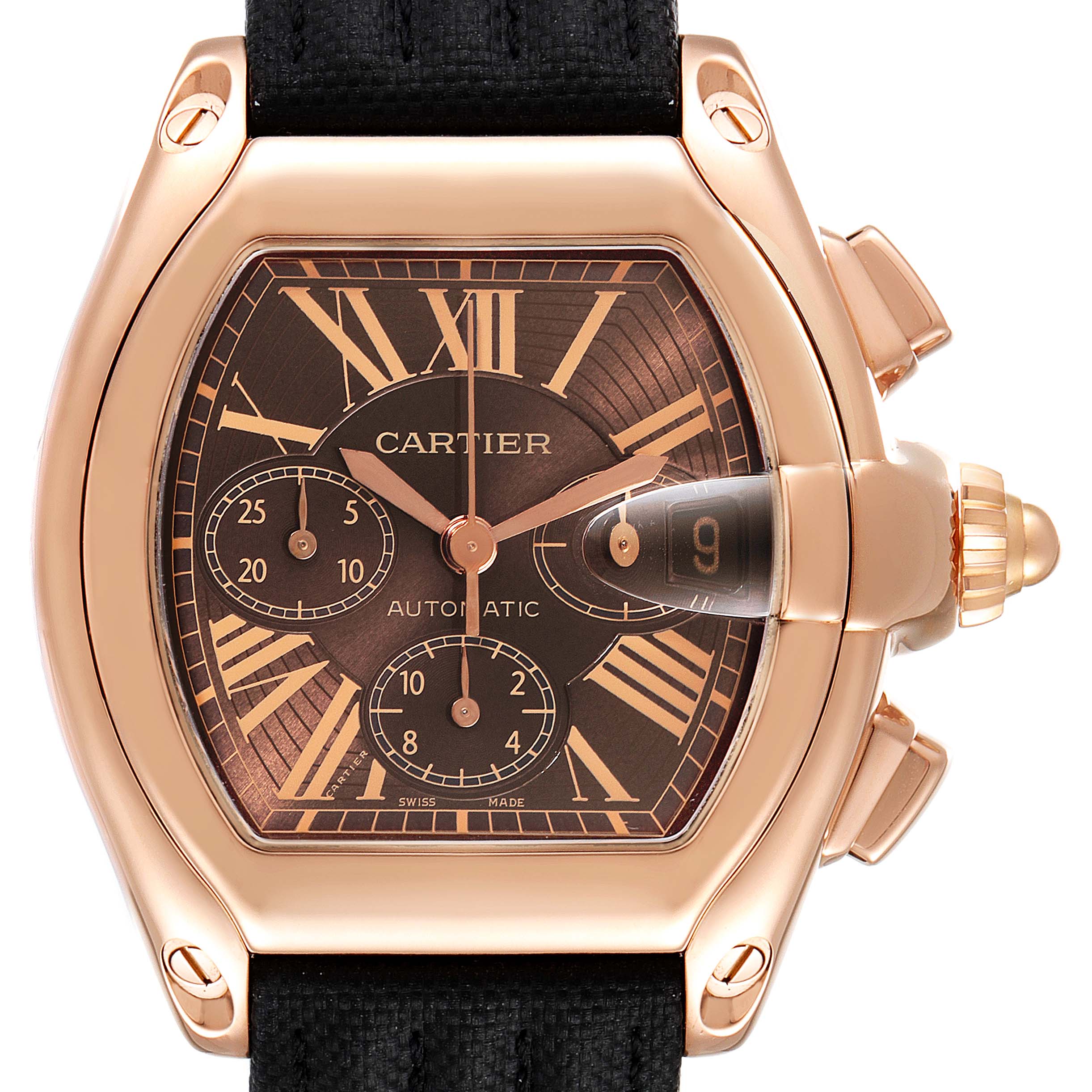 Front view of the Cartier Roadster W62042Y5 Men's Rose Gold Brown Dial W62042Y5 Men's Rose Gold Brown Dial watch, showcasing the dial, Roman numerals, subdials, date window, and crown.