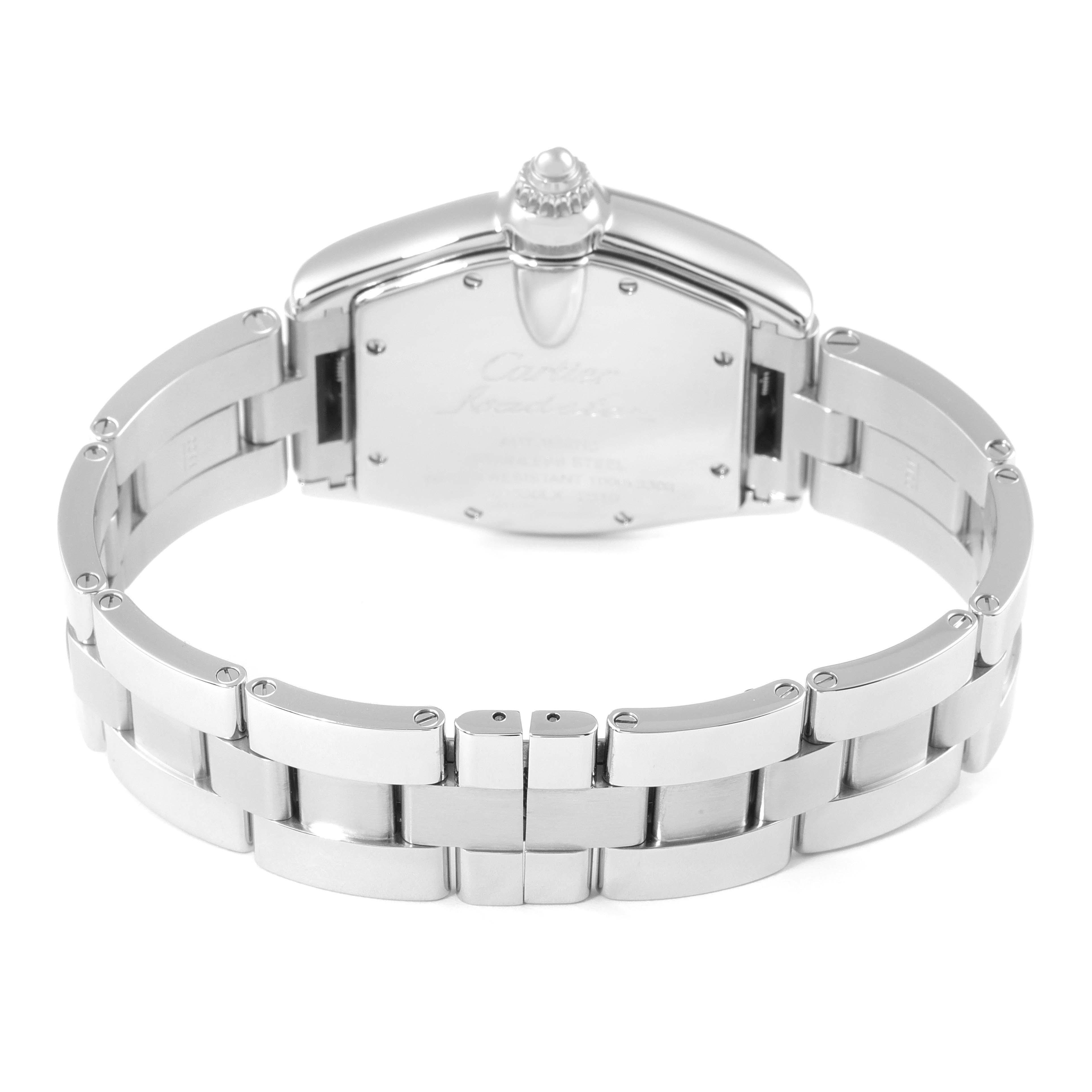 The image shows the rear view of the Cartier Roadster W62025V3 Men's Stainless Steel Silver Dial W62025V3 Men's Stainless Steel Silver Dial watch, displaying its back casing and metal bracelet.