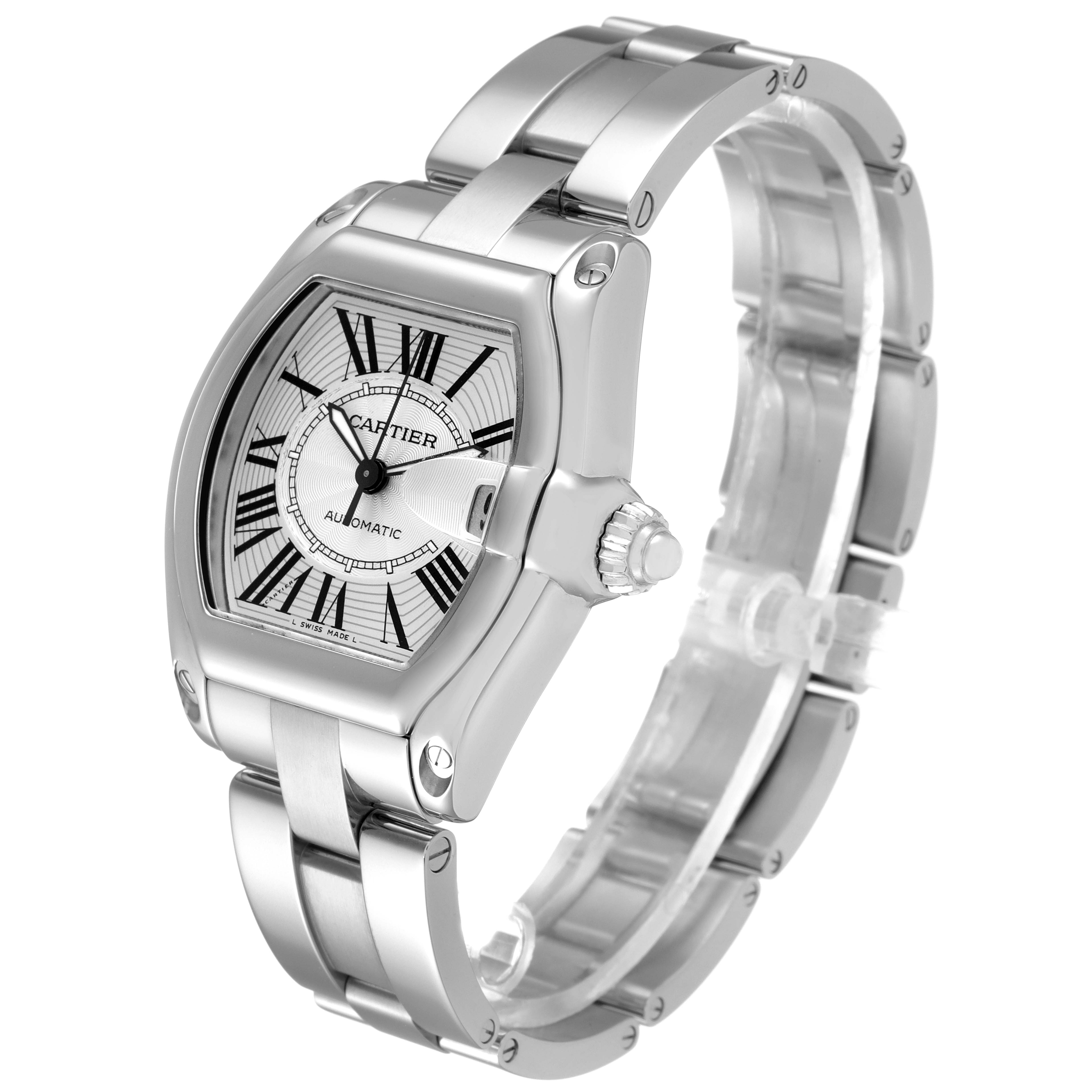 The image shows a Cartier Roadster W62025V3 Men's Stainless Steel Silver Dial W62025V3 Men's Stainless Steel Silver Dial watch at a 45-degree angle displaying the watch face, crown, and steel bracelet.