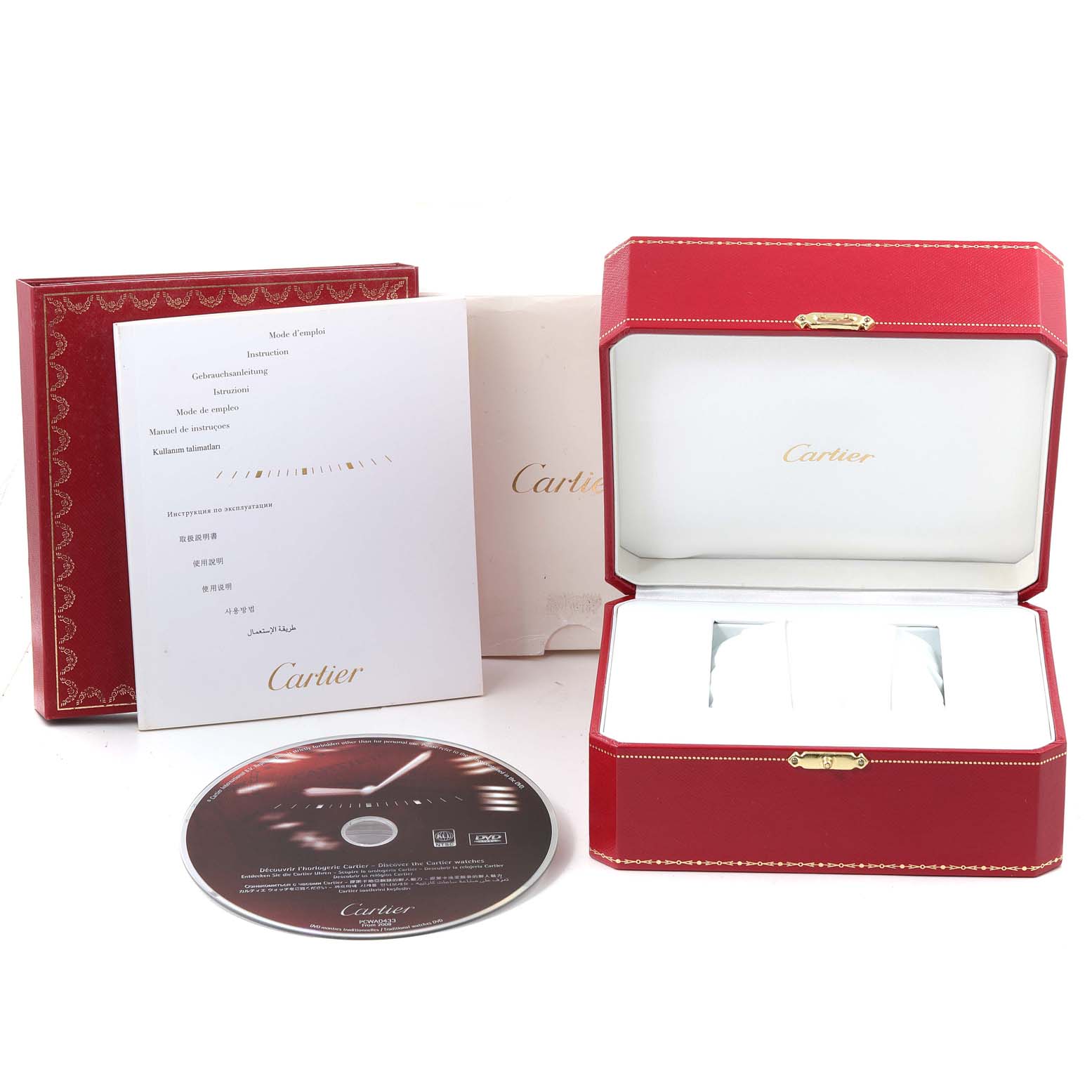 The image shows the packaging, manual, and CD for the Cartier Roadster W62025V3 Men's Stainless Steel Silver Dial W62025V3 Men's Stainless Steel Silver Dial model, including the watch box.