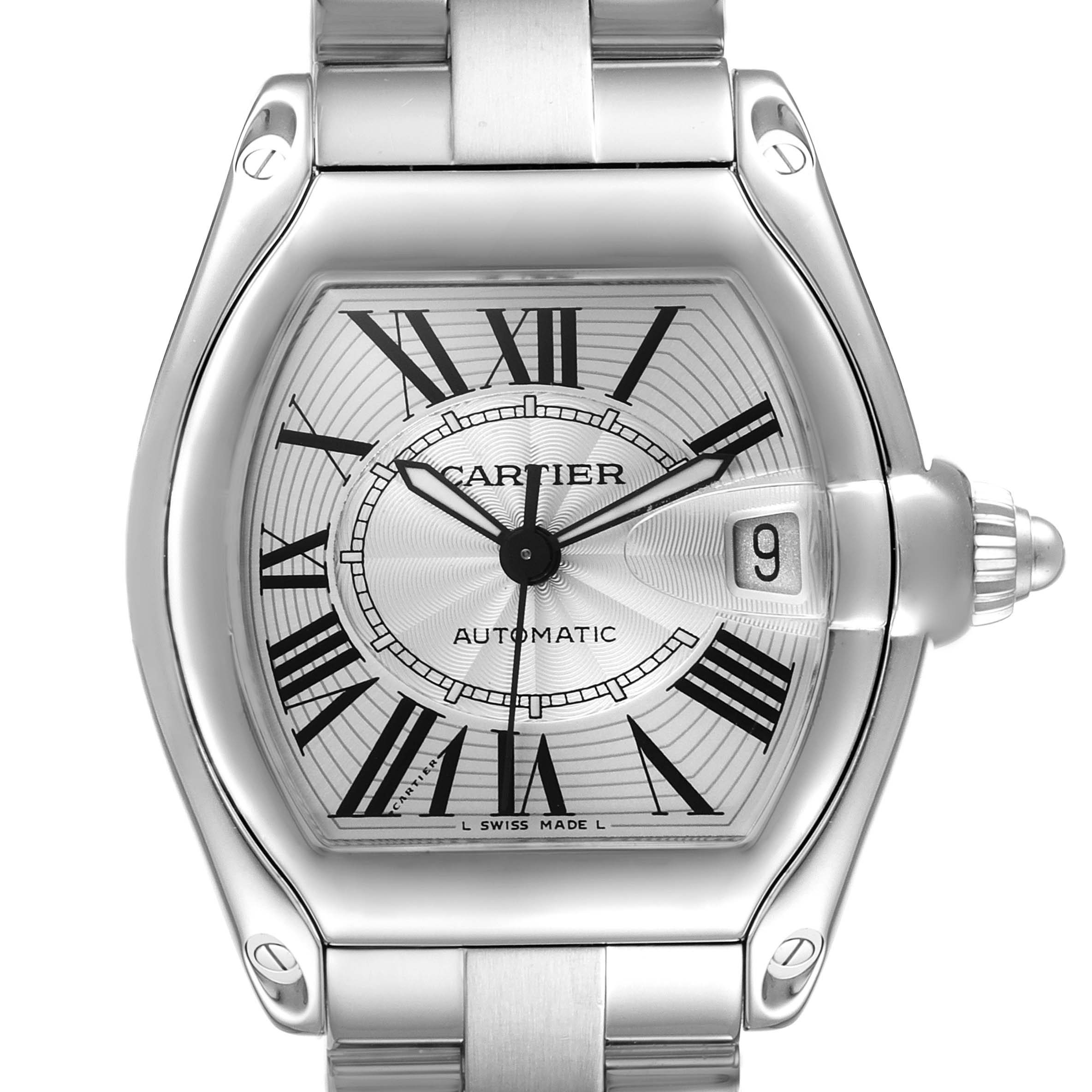 The image shows a front view of the Cartier Roadster W62025V3 Men's Stainless Steel Silver Dial W62025V3 Men's Stainless Steel Silver Dial watch, highlighting the dial, Roman numerals, and date window.